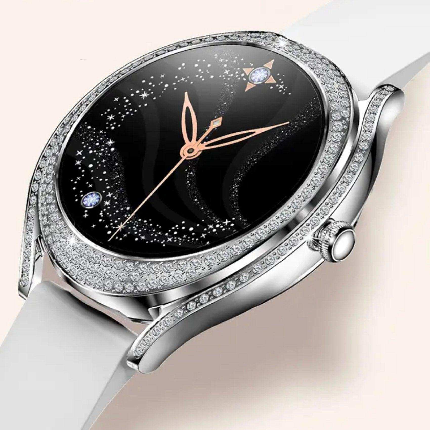 Elegant women's smart watch with cubic zirconia, black AMOLED display, silver case, white strap TUTT