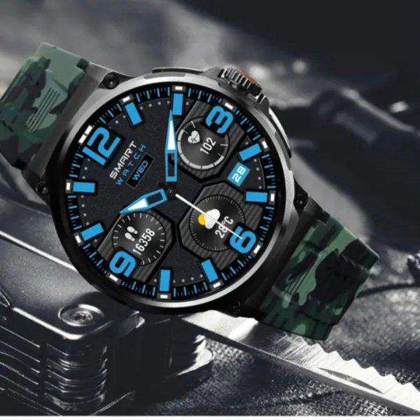Men's military smart watch with blue accents, metal case, camo strap, rugged outdoor style TUTT