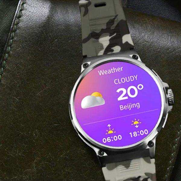 Rugged men's military smart watch with camouflage strap showing weather app on display, TUTT