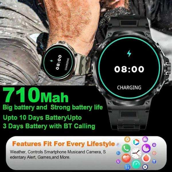 Men's military smartwatch with metal case, HD round screen showing charging status, 710mAh battery, rugged outdoor design, and fitness features. TUTT