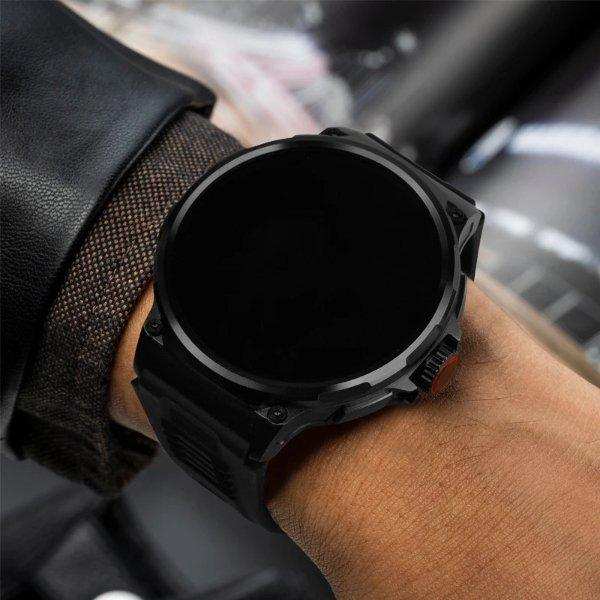 Men's military black metal case smart watch with large round screen on wrist, rugged design TUTT