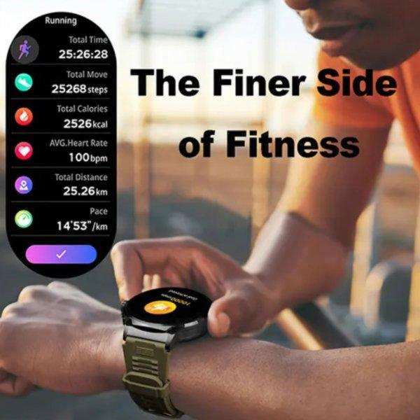 Man using a rugged military smart watch outdoors, fitness stats displayed, TUTT
