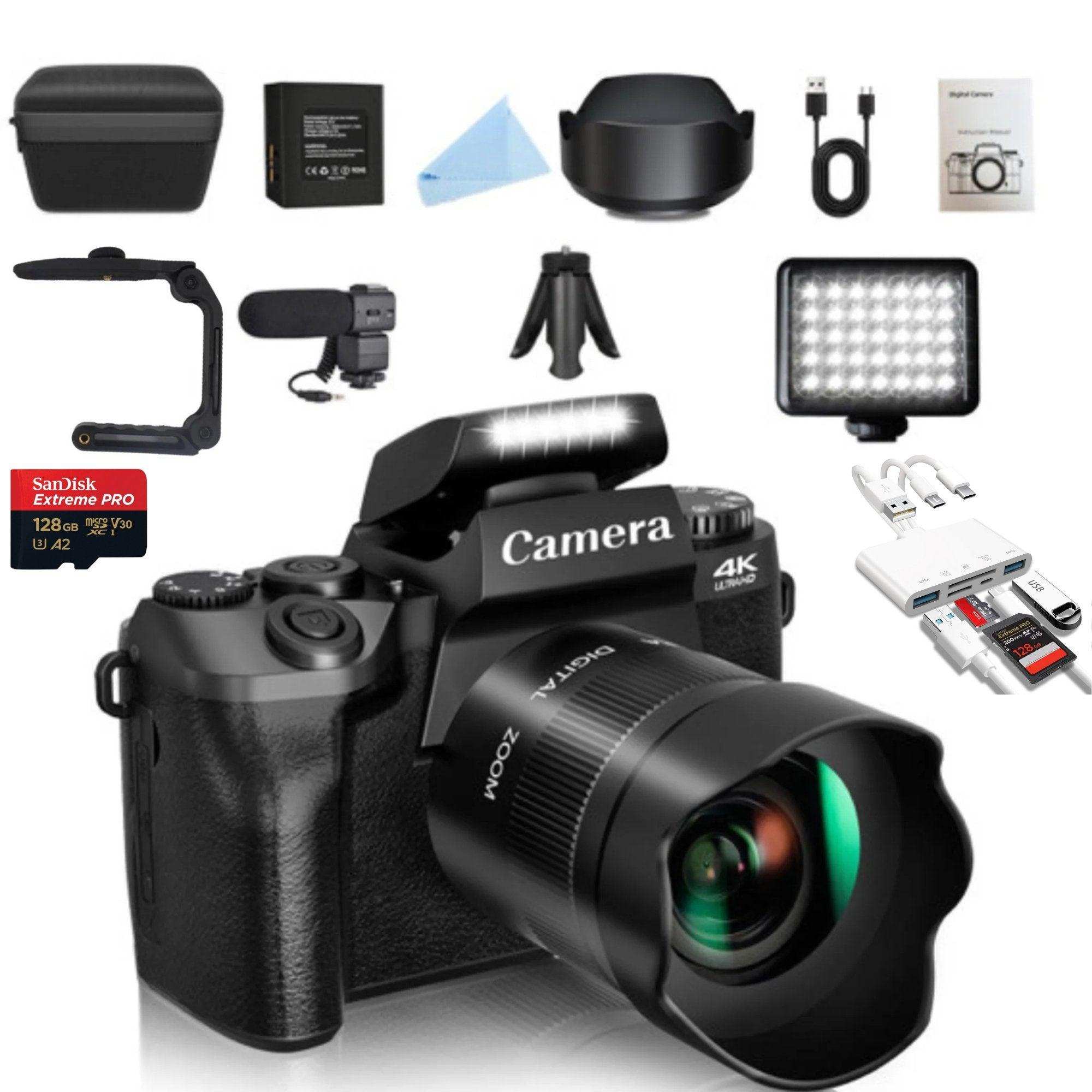 4K mirrorless digital camera with lens, 128GB SanDisk card, tripod, LED light, mic, and accessories full combo TUTT