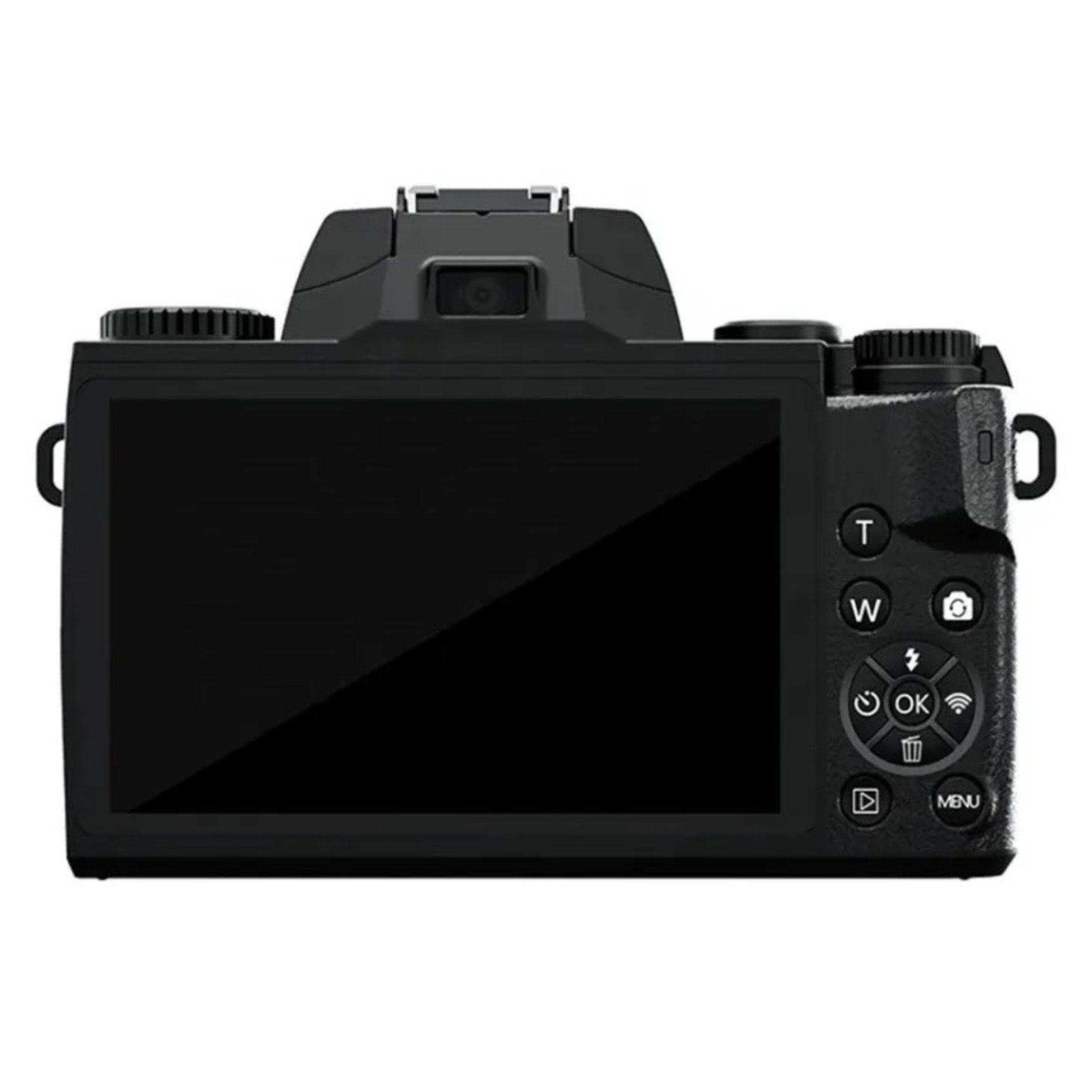 Rear view of a black mirrorless digital camera with large LCD screen and control buttons, TUTT
