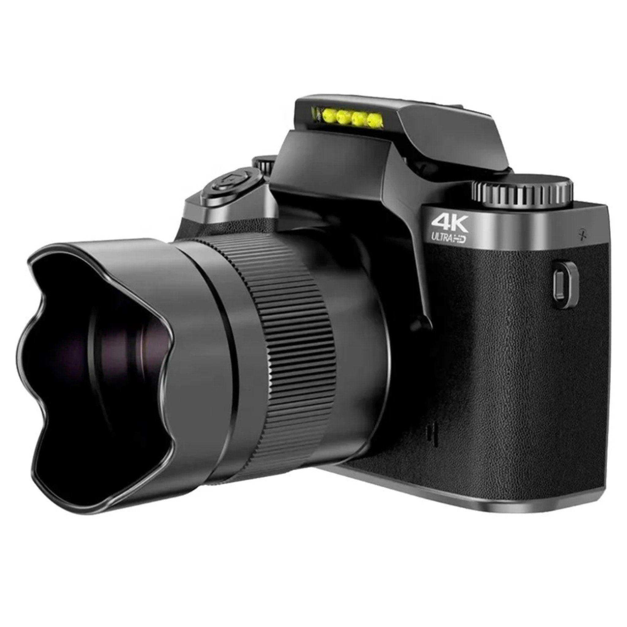 Black 4K Ultra HD mirrorless digital camera with large lens and textured grip, front view TUTT