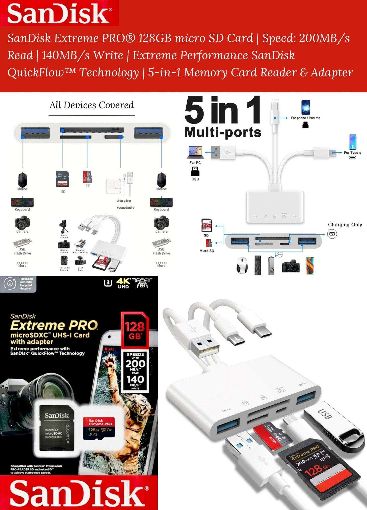 SanDisk Extreme PRO 128GB microSD card with 5-in-1 memory card reader and USB adapters TUTT