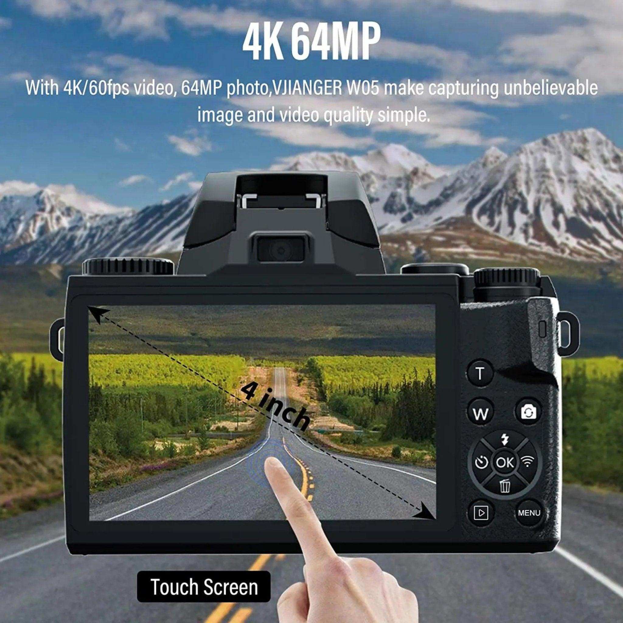 4K 64MP digital camera touchscreen VJIANGER W05 with 4-inch display, outdoors, TUTT