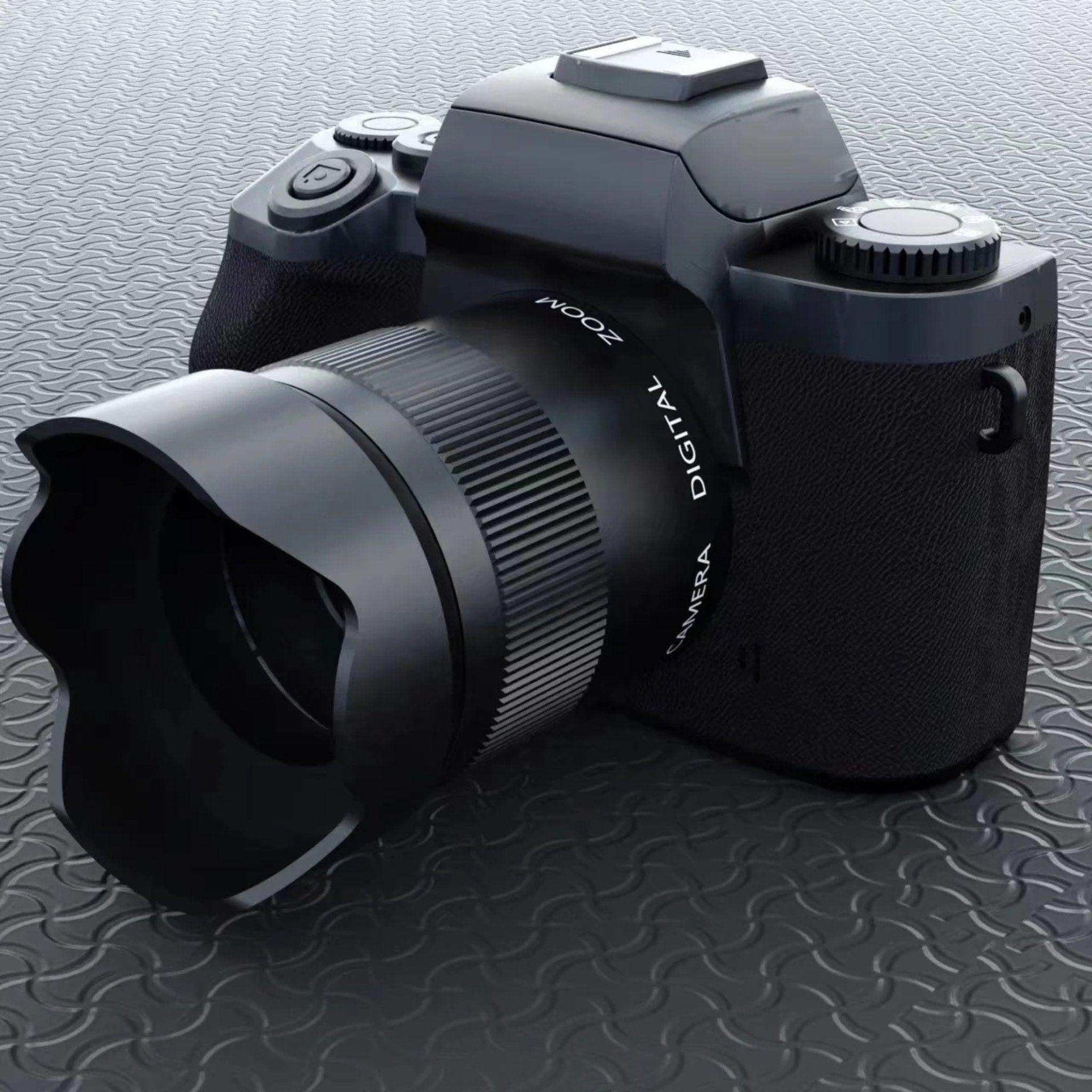 4K mirrorless digital camera with large zoom lens on textured surface, black color TUTT