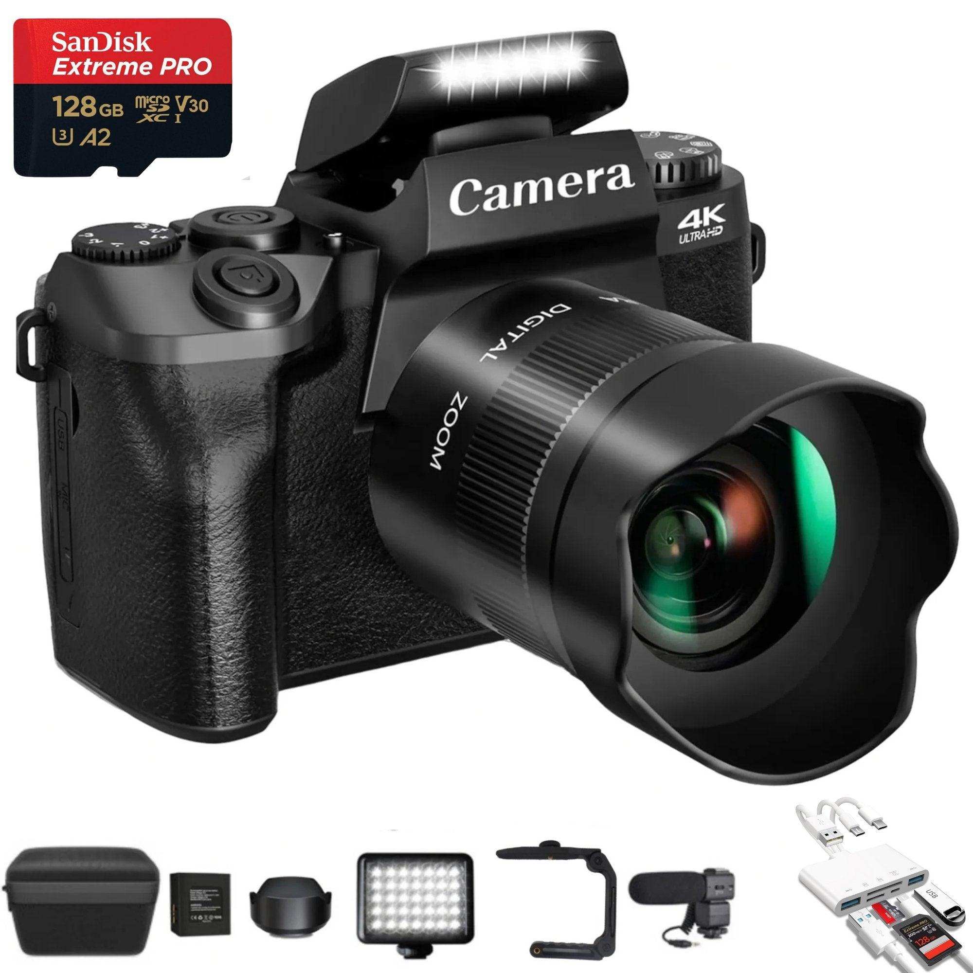 4K 64MP mirrorless digital camera with 16x zoom lens, 128GB SanDisk Extreme PRO SD card, and full vlogging accessory kit. TUTT
