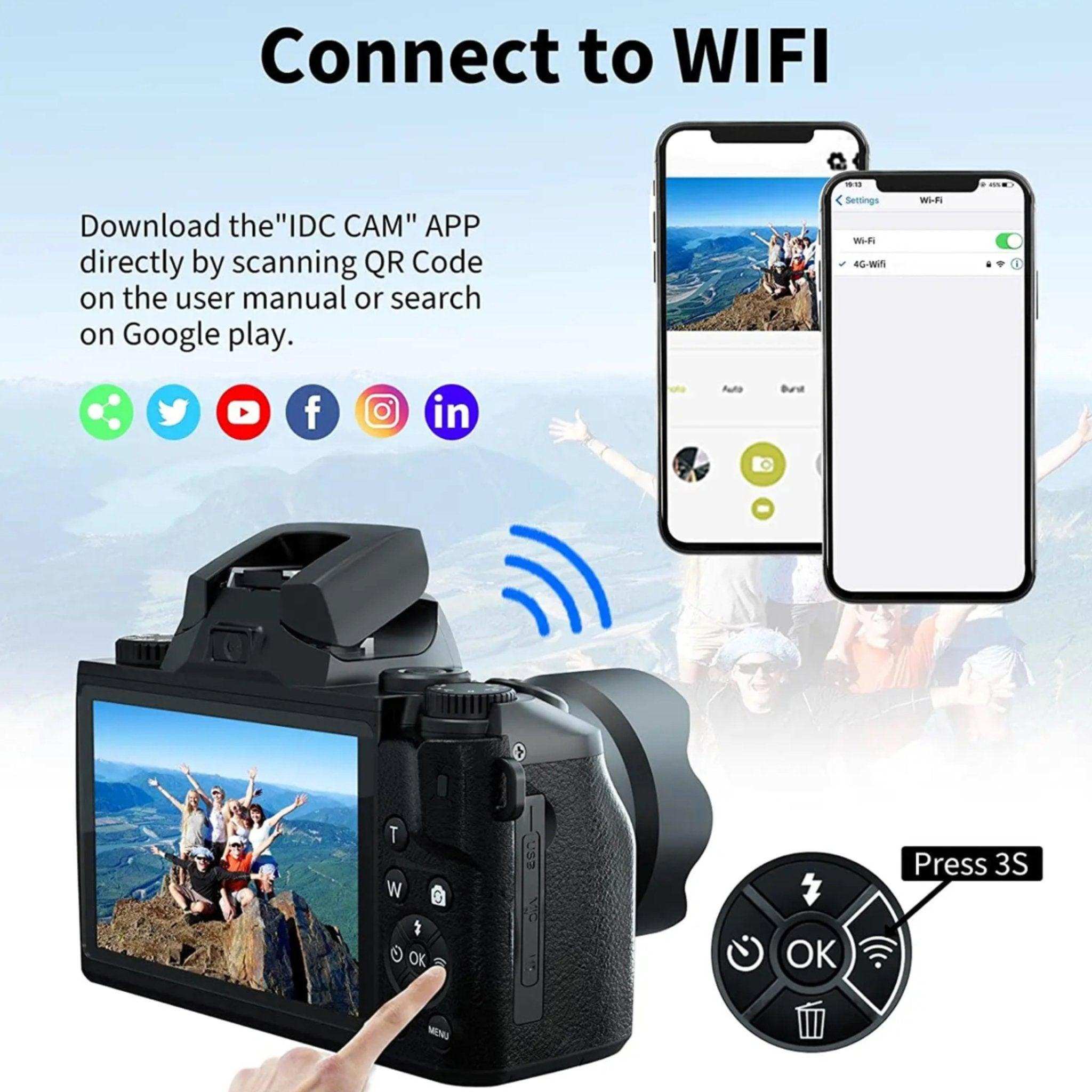 Mirrorless 64MP digital camera with WiFi connection, LCD screen, and vlogging icons, TUTT