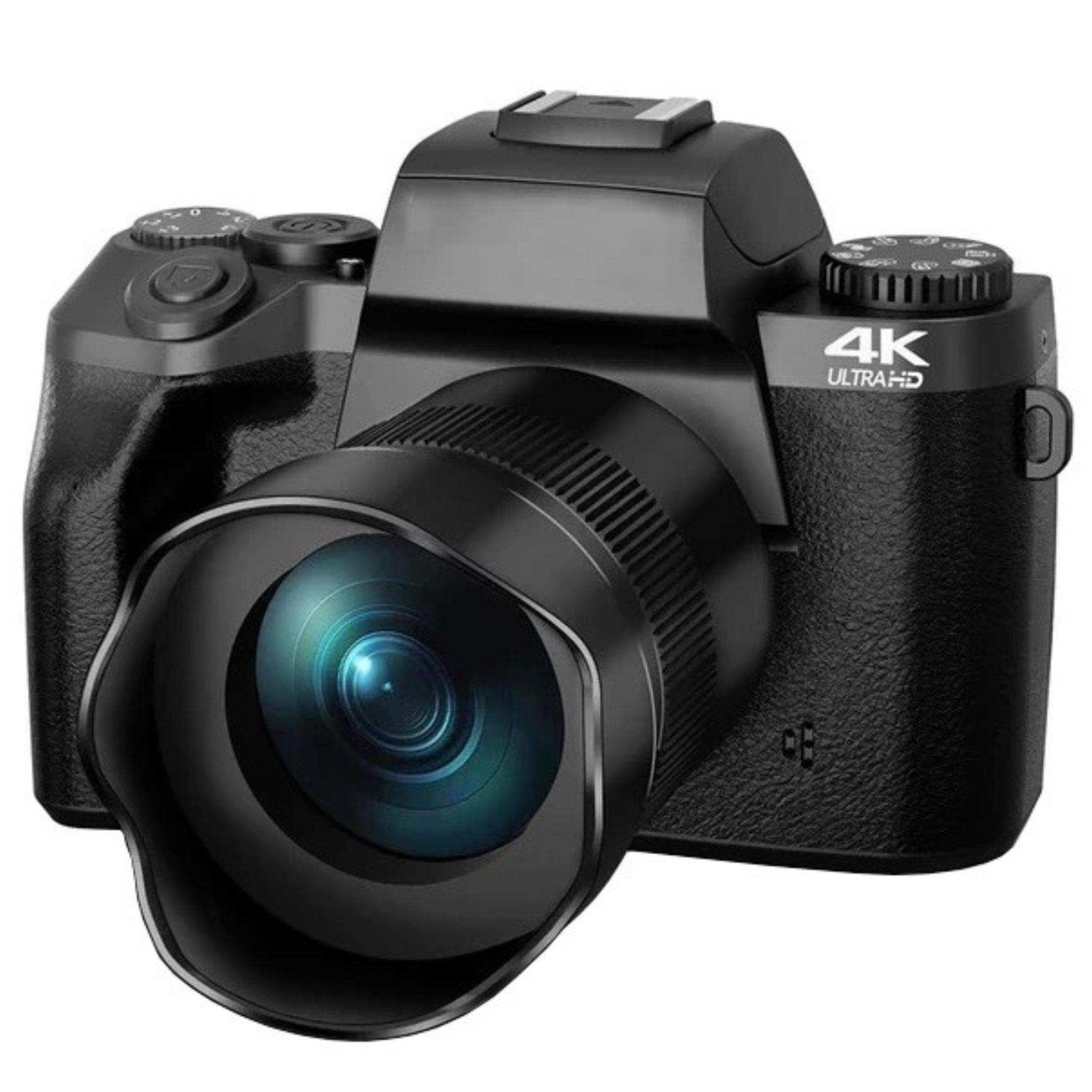 Black 4K Ultra HD mirrorless digital camera with large lens on white background, TUTT
