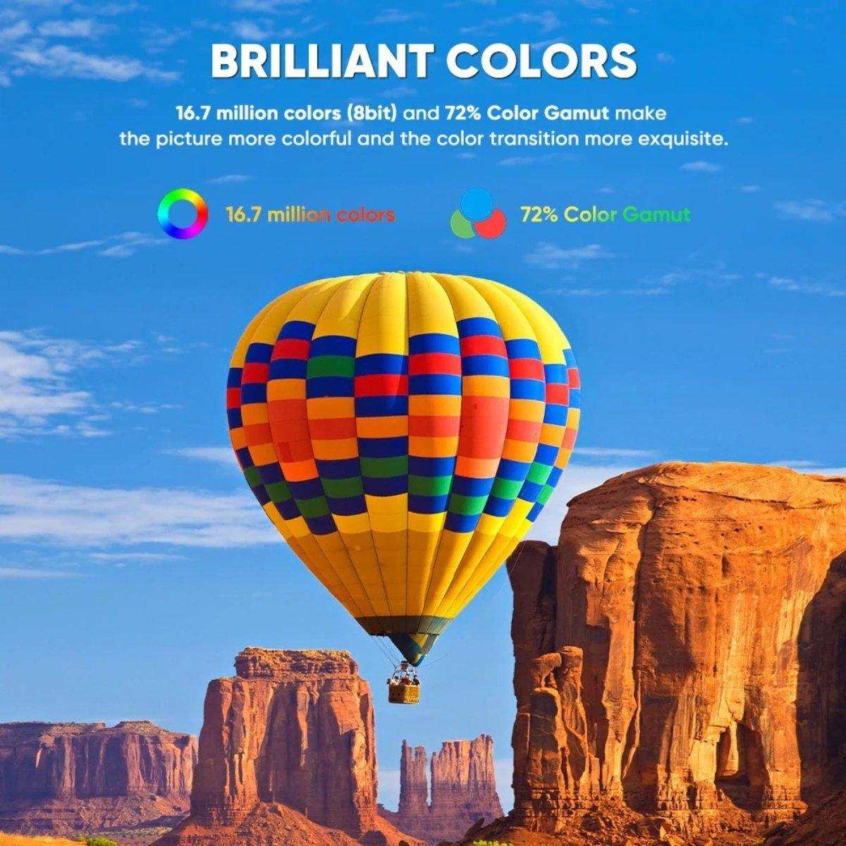 Hot air balloon with vibrant colors flying over desert buttes, text highlights color gamut TUTT