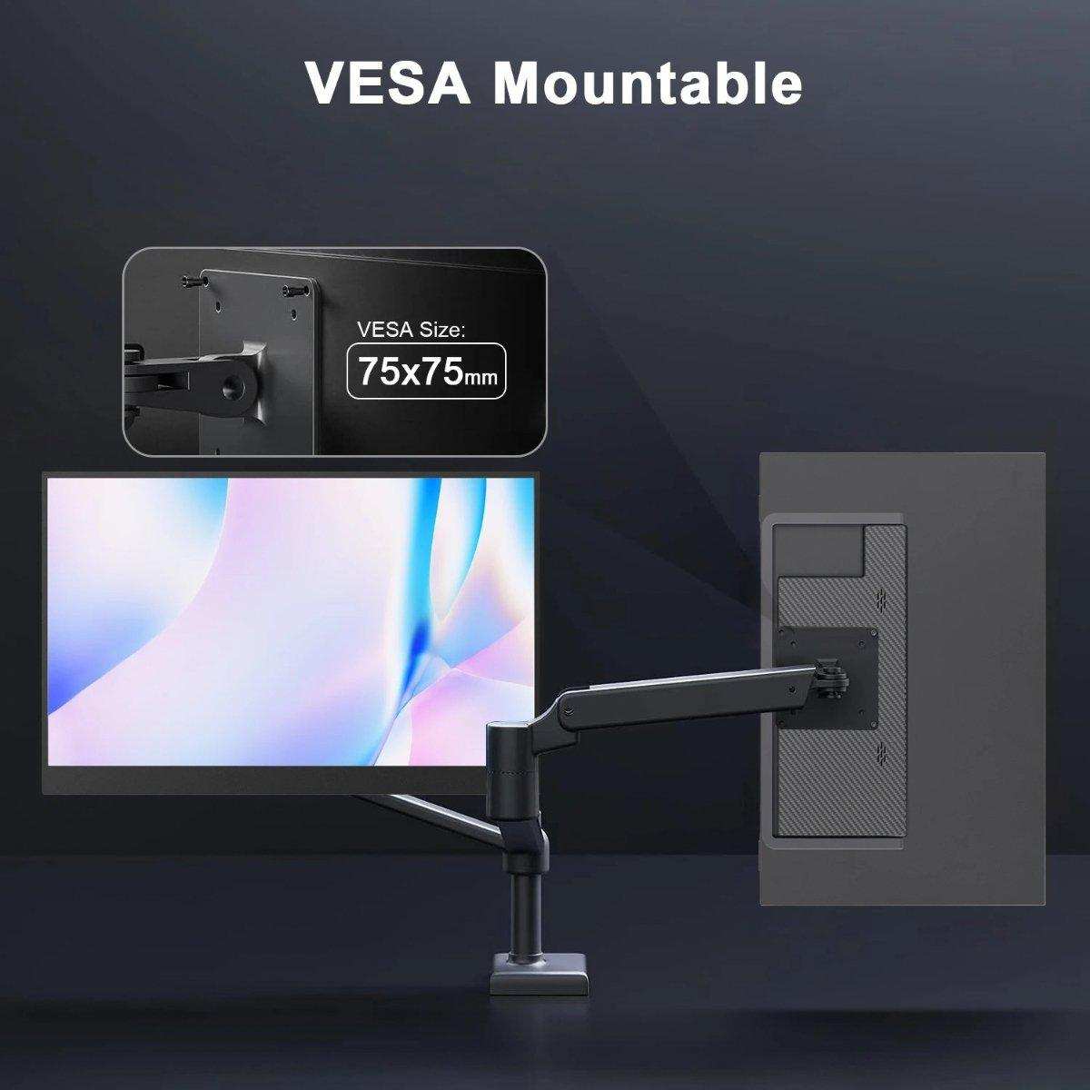 15.6-inch portable monitor on desk arm, VESA mount 75x75mm, side and back view, TUTT