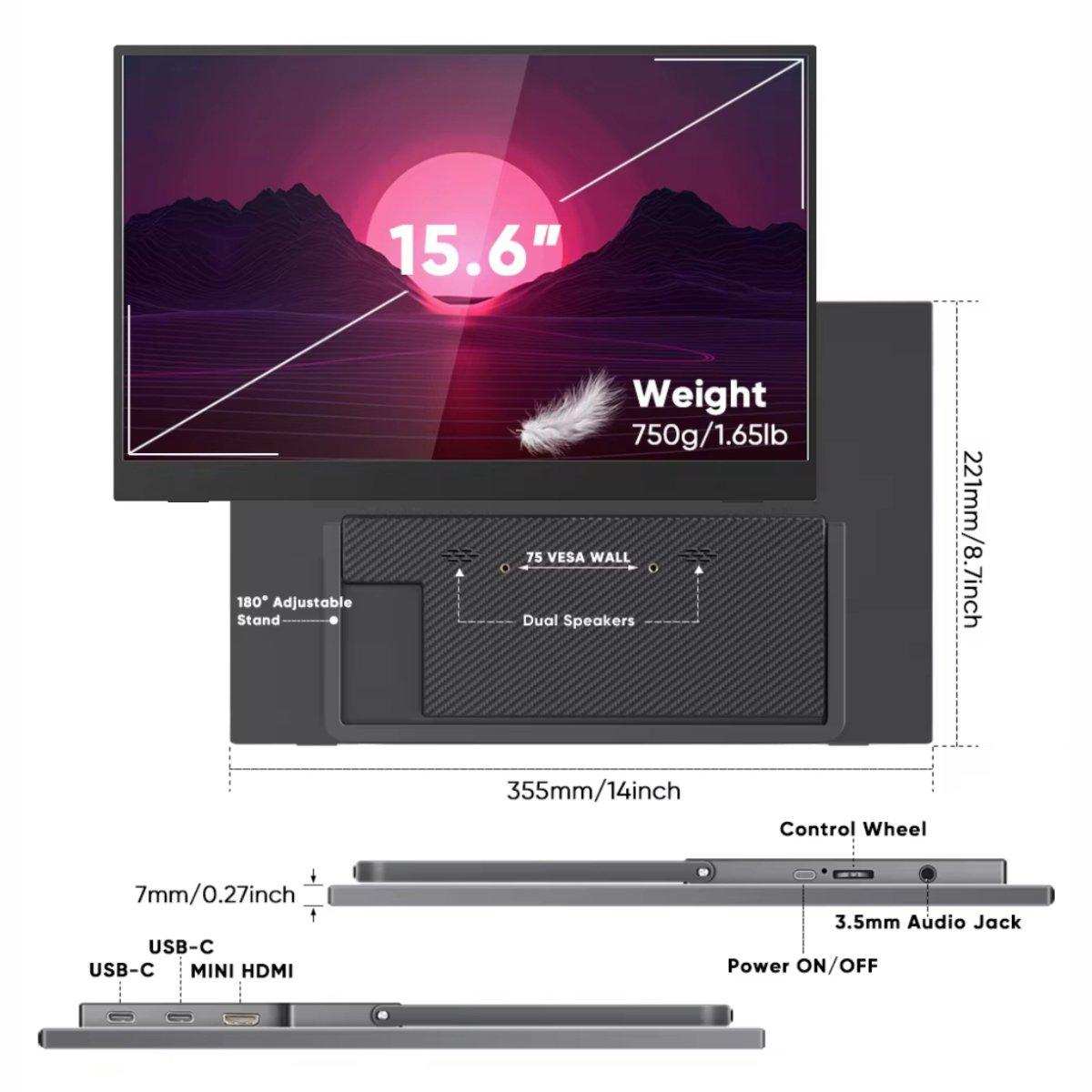 15.6-inch portable monitor FHD IPS with USB-C, HDMI, VESA, kickstand, dual speakers, TUTT