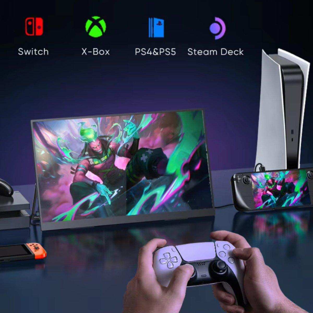 Portable 15.6-inch monitor connected to PS5, Switch, Steam Deck, and Xbox gaming devices, TUTT
