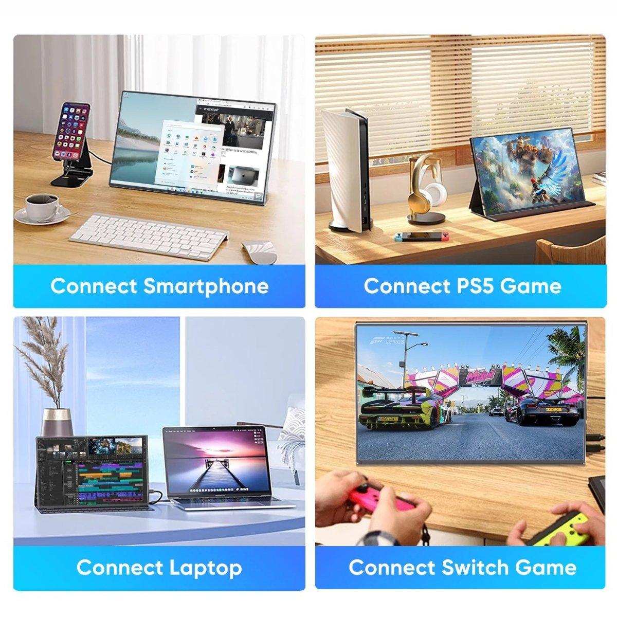 Portable gaming monitor displaying connections with smartphone, PS5, laptop, and Switch, TUTT