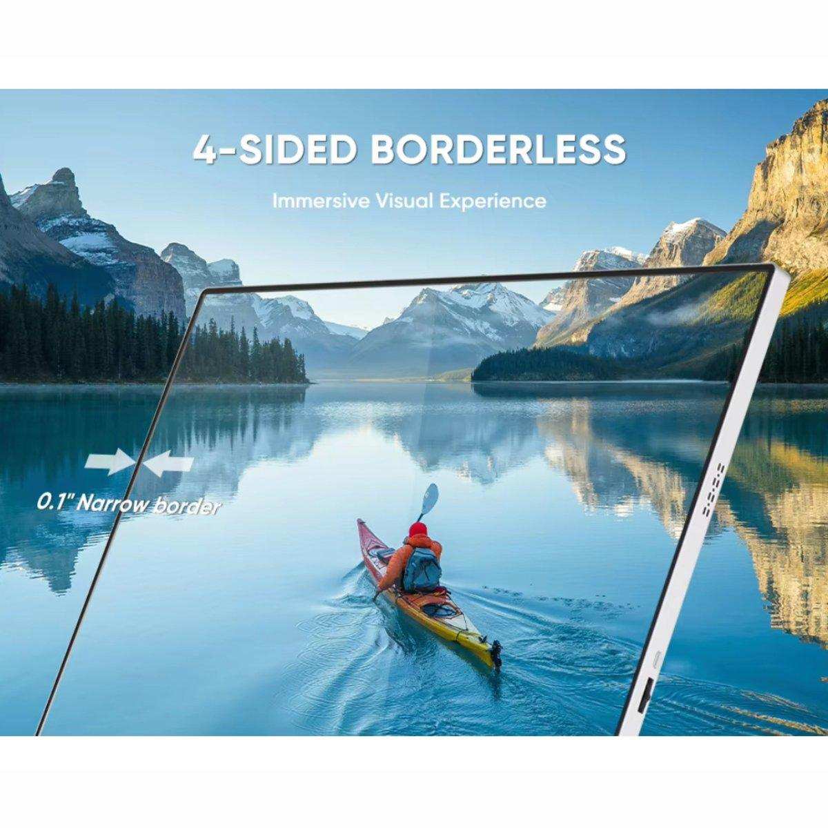 4-sided borderless gaming portable monitor with narrow 0.1-inch bezel and lake scenery, TUTT