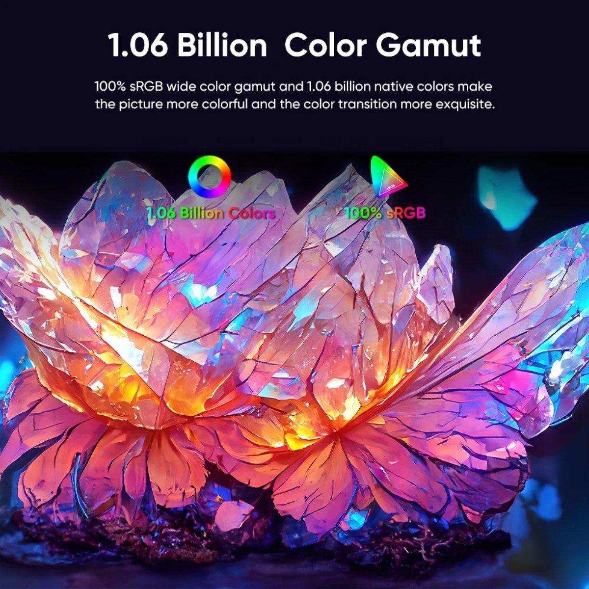 Luminescent crystal flower with vibrant colors, showcasing 1.06 billion color gamut display. TUTT