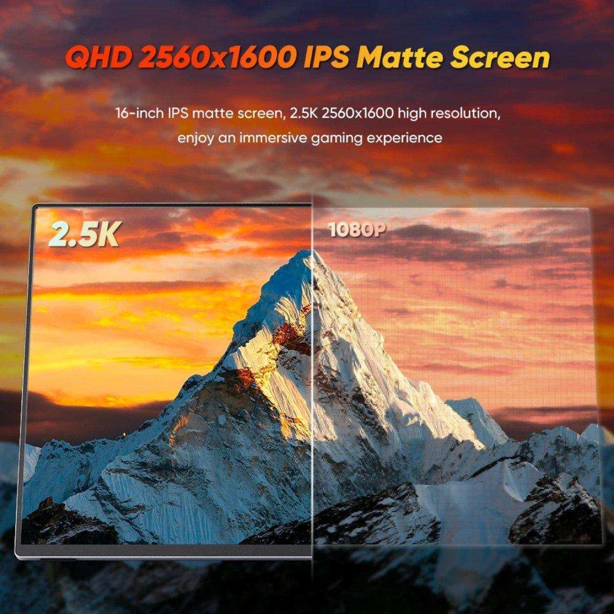 16-inch QHD 2560x1600 IPS matte gaming monitor showing 2.5K mountain image vs 1080P. TUTT