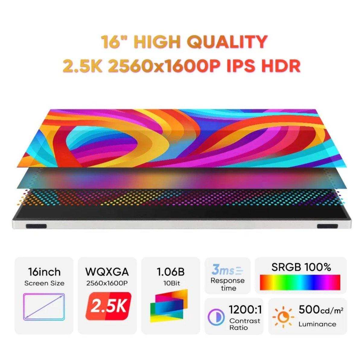 16 inch 2.5K 2560x1600P IPS HDR portable gaming monitor with vivid display specs, TUTT