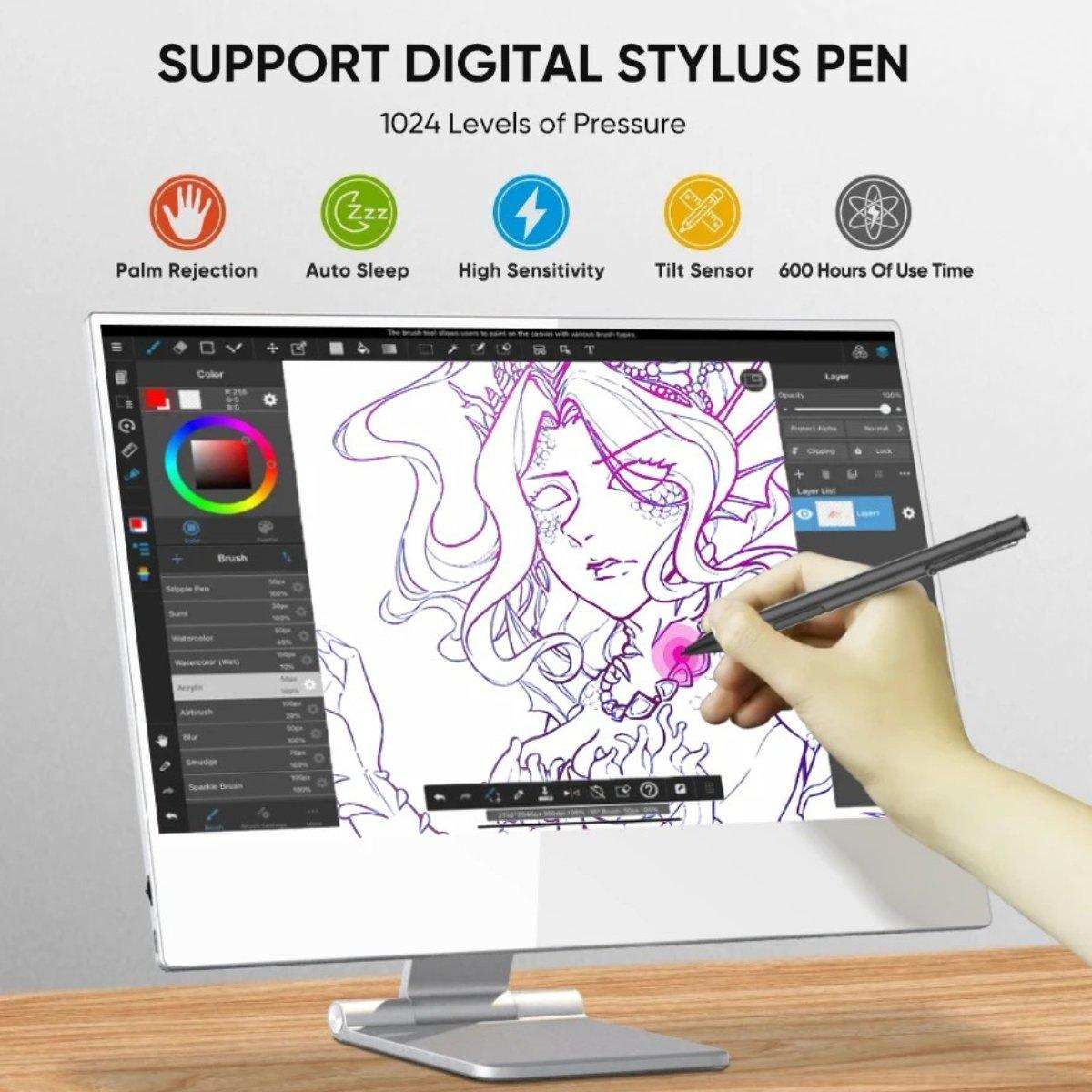 Hand using digital stylus pen on portable touchscreen monitor with art software, TUTT