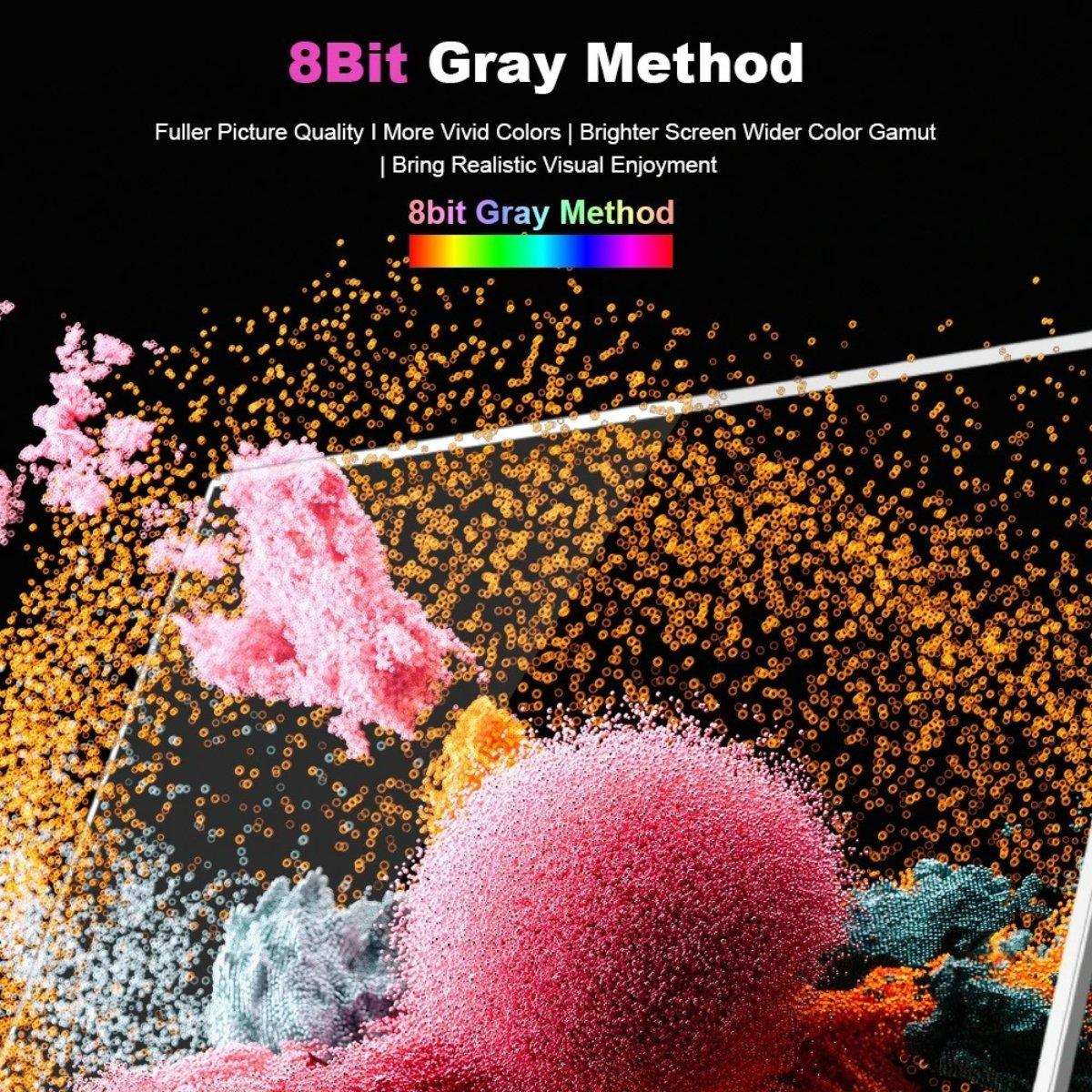 8Bit Gray Method colorful abstract display on portable touchscreen monitor, vibrant visuals, TUTT