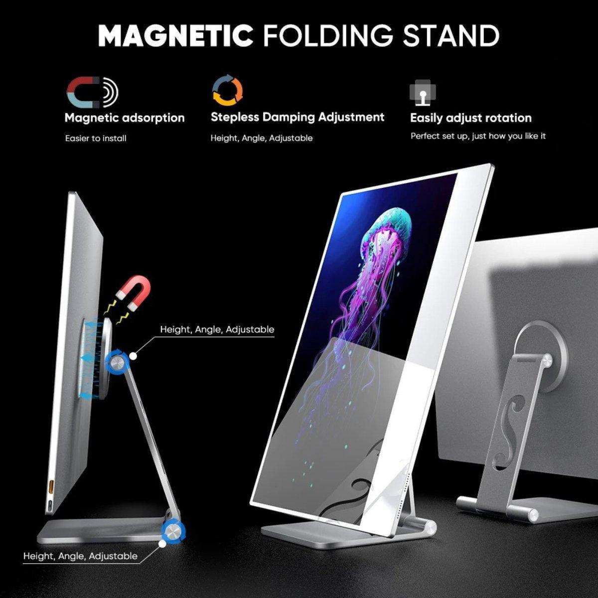 Portable touchscreen monitor with magnetic folding stand, adjustable height and angle, TUTT