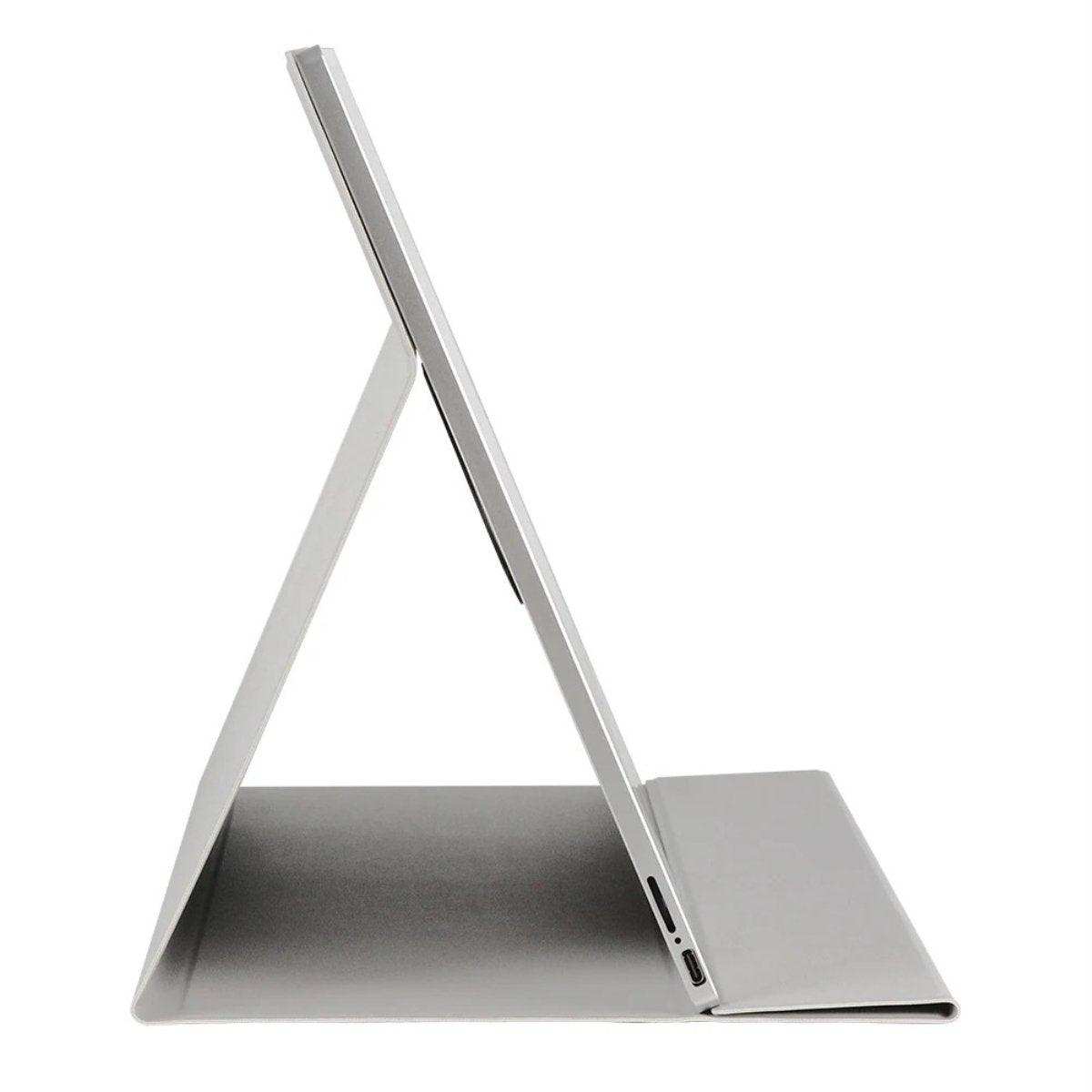 Side view of a slim wireless 16-inch portable touchscreen monitor with stand case and aluminum body, TUTT