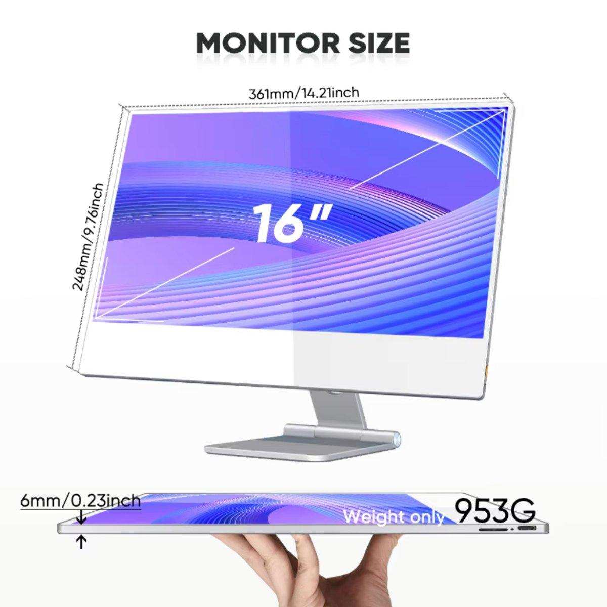 16-inch portable touchscreen monitor with FHD IPS display, slim 6mm profile, 953g weight, TUTT