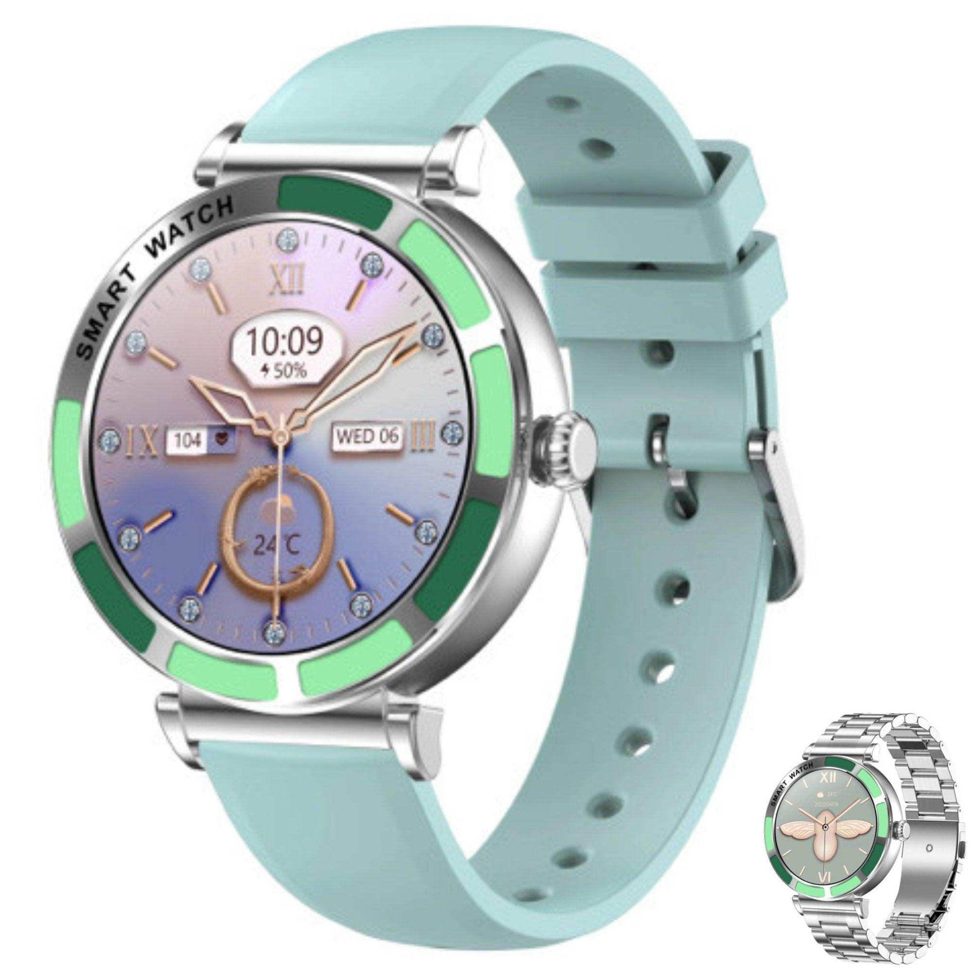Women's slim smart watch with mint green silicone band, round HD display, and silver case, TUTT