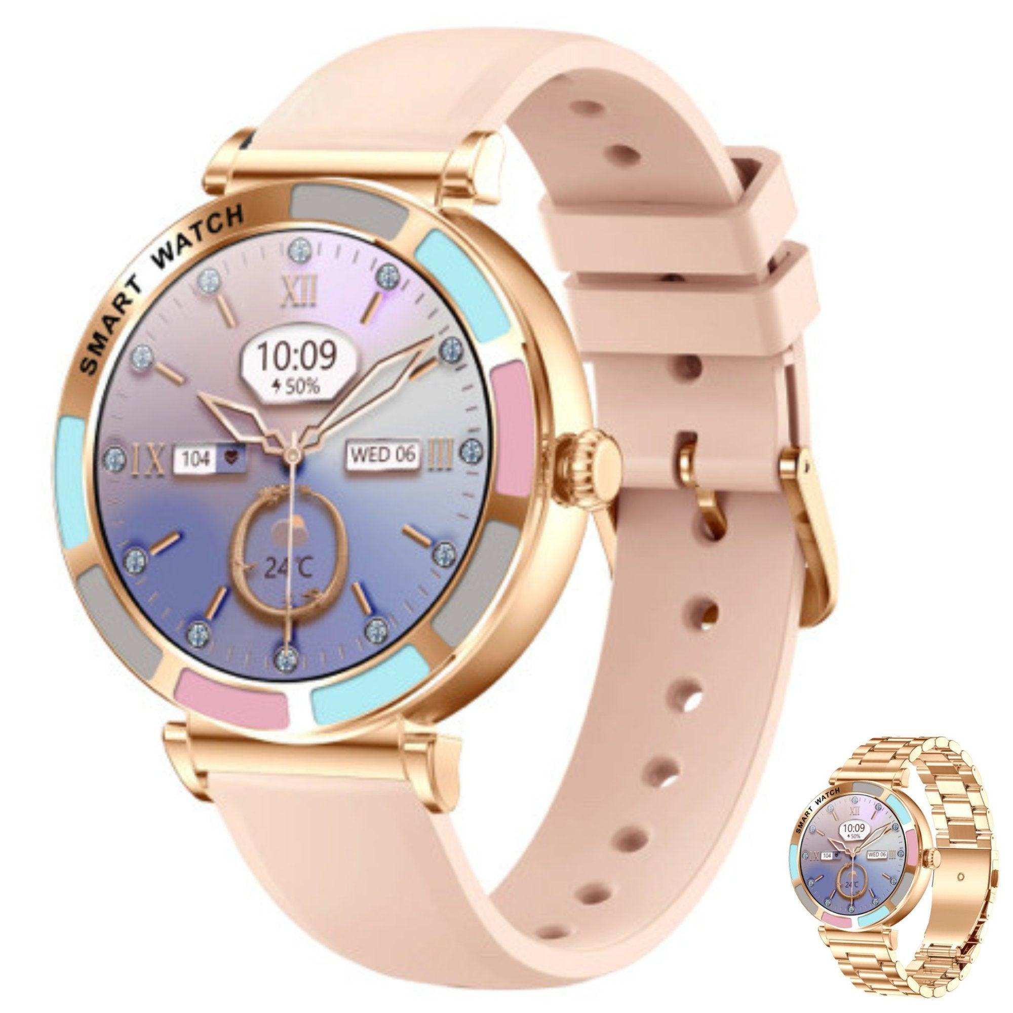 Slim women's smartwatch with pink strap, gold case, colorful HD dial, and digital display, TUTT