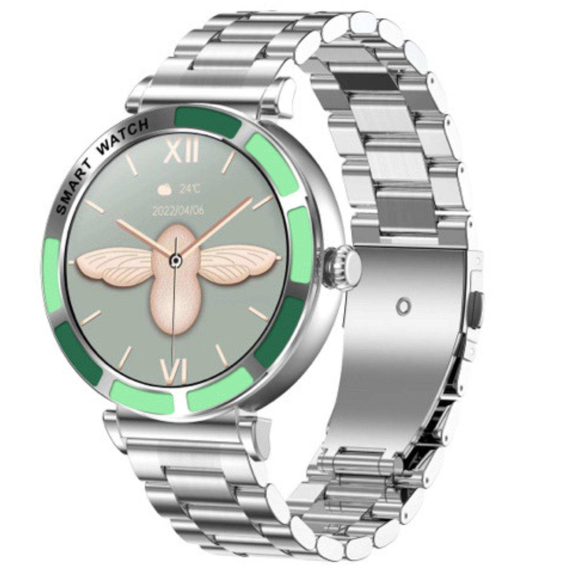 Slim women's smart watch with silver metal band, green bezel, and bee design dial, TUTT