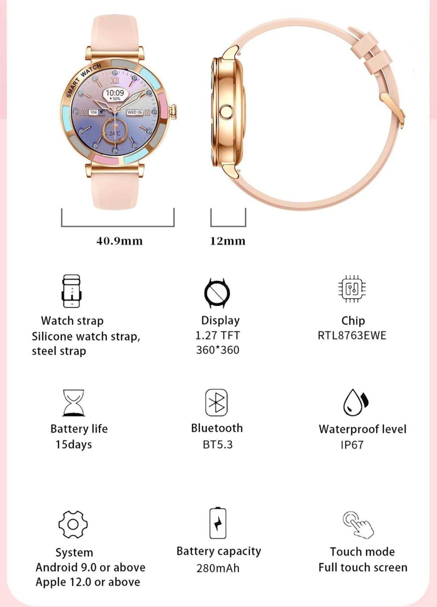 Slim women’s smart watch with pink silicone strap, gold bezel, round 1.27-inch HD dial, shown front and side with smartwatch features icons below. TUTT