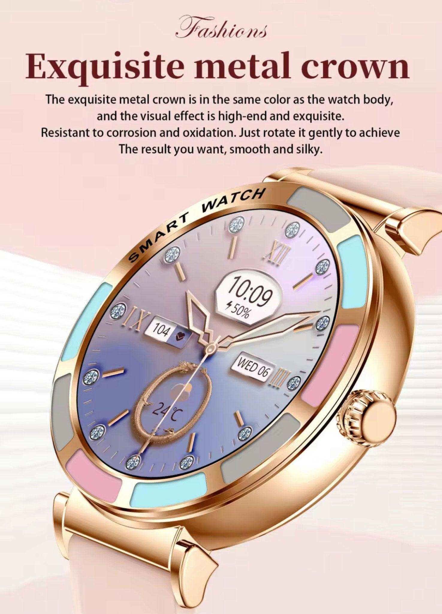 Gold women's smart watch with slim profile, colorful bezel, and decorative dial on pink background. TUTT
