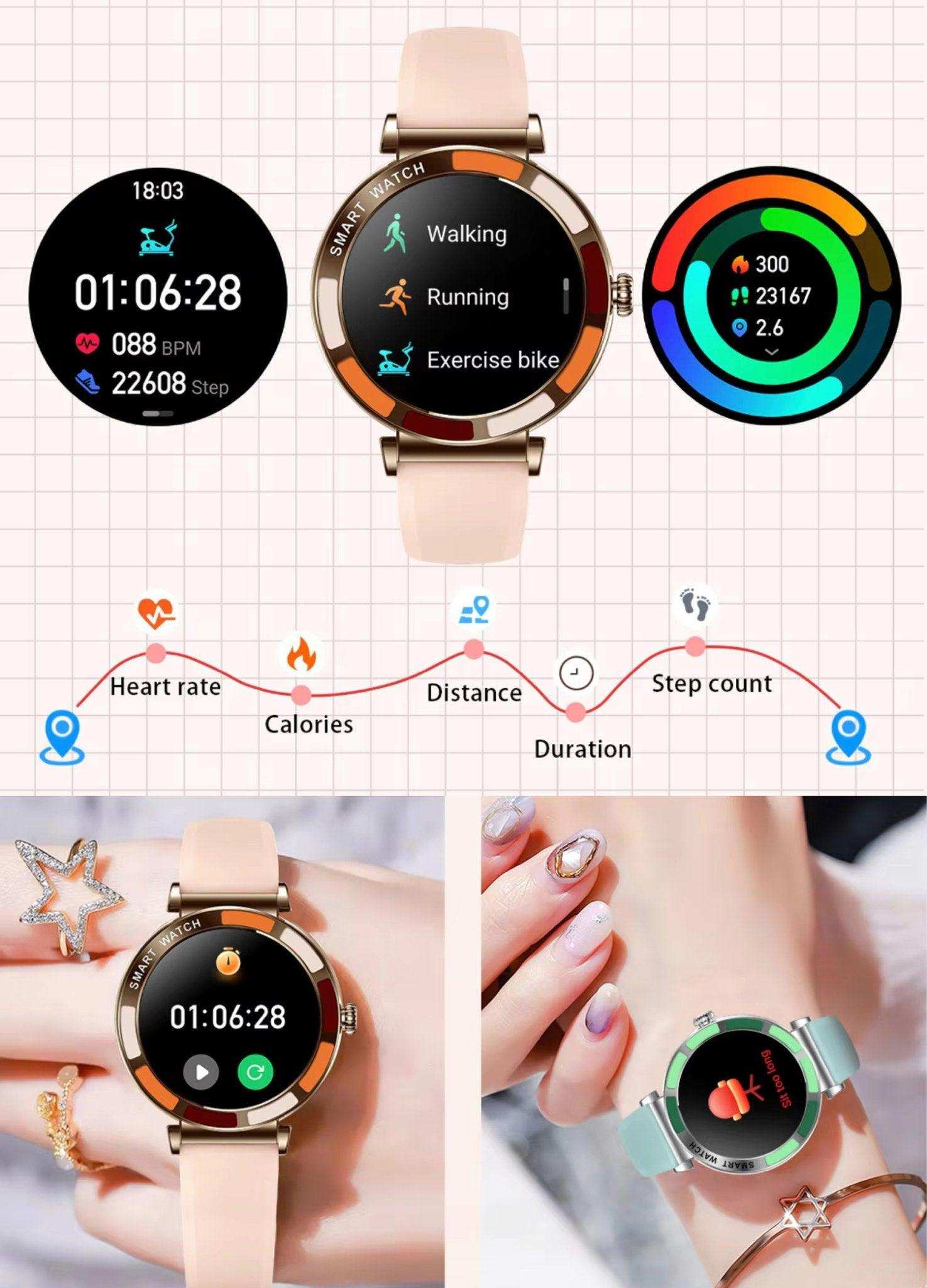 Women's slim smart watch with colorful round display, step count, heart rate, fitness tracker, silicone strap on wrist, stylish design TUTT