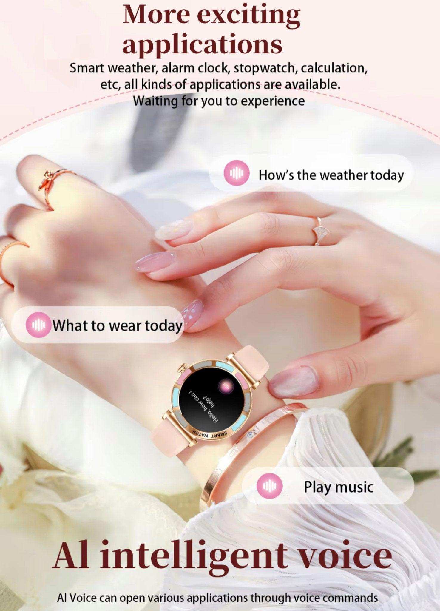 Woman wearing a smart watch with pink strap displaying AI voice assistant features, TUTT