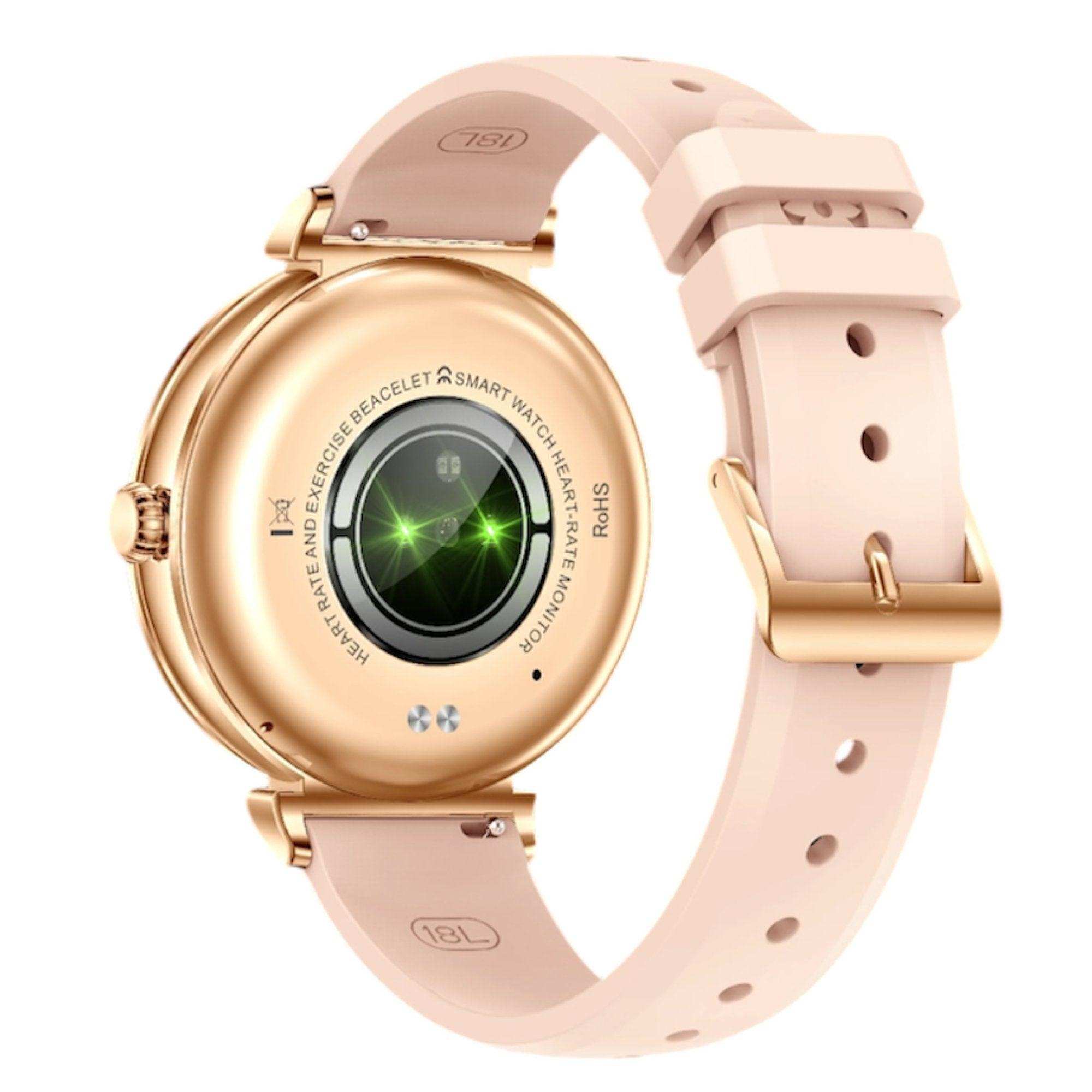 Back view of slim women's pink silicone smart watch with gold case and heart rate sensor, TUTT