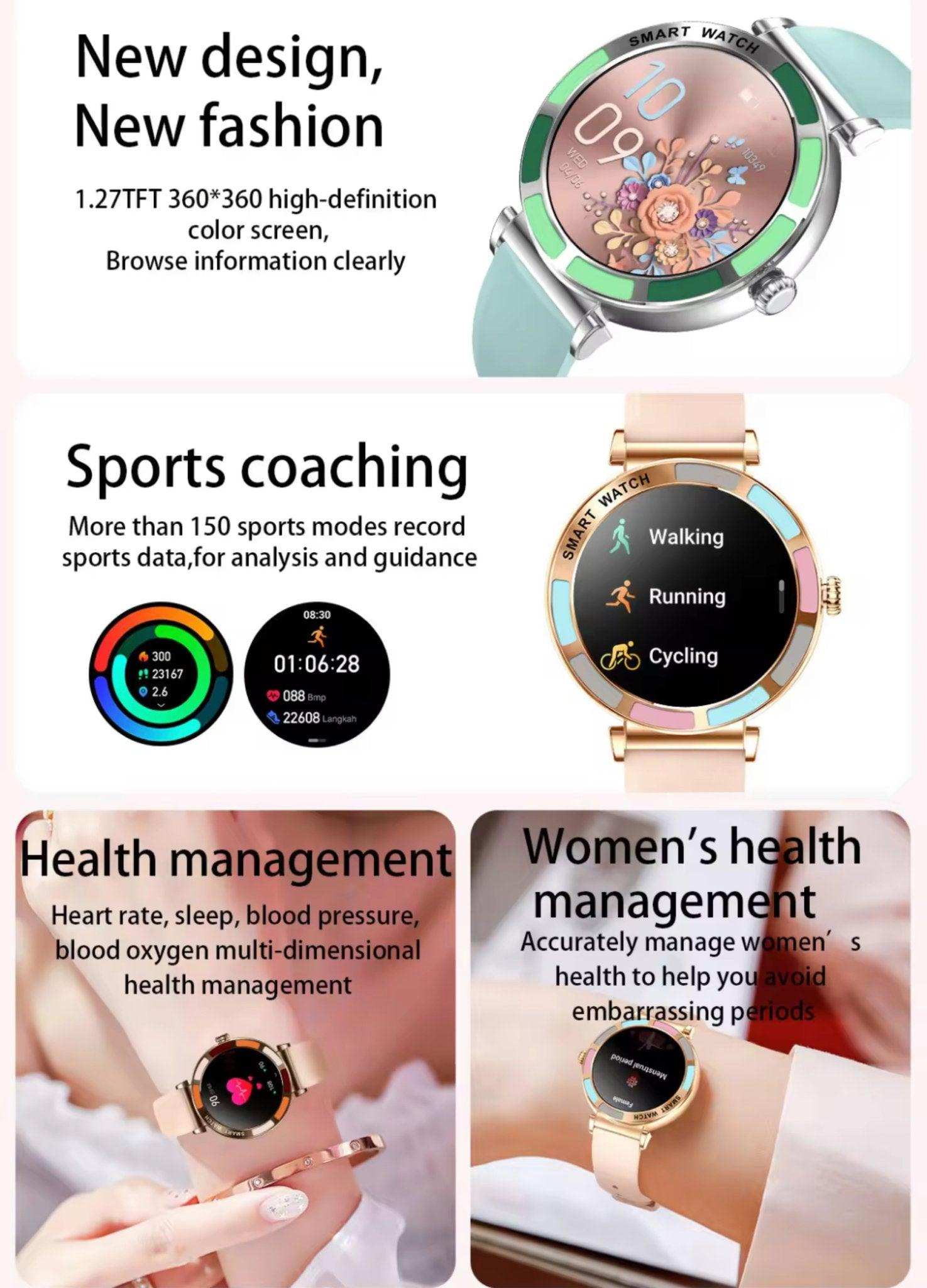 Women's smart watch with slim colorful design, sports coaching, and health tracking features TUTT