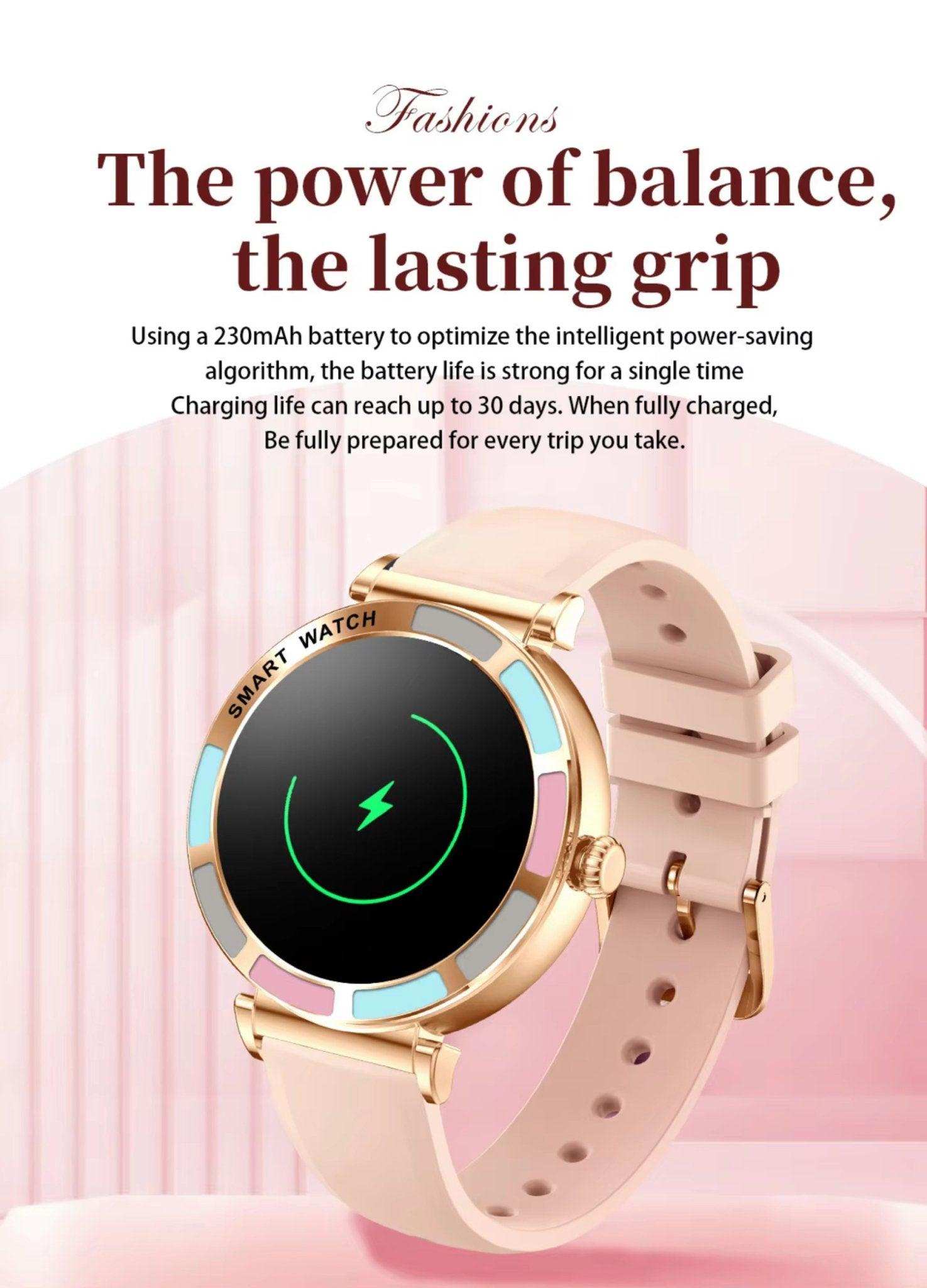 Slim gold women's smart watch with pink silicone strap on pink background, charging screen visible, TUTT