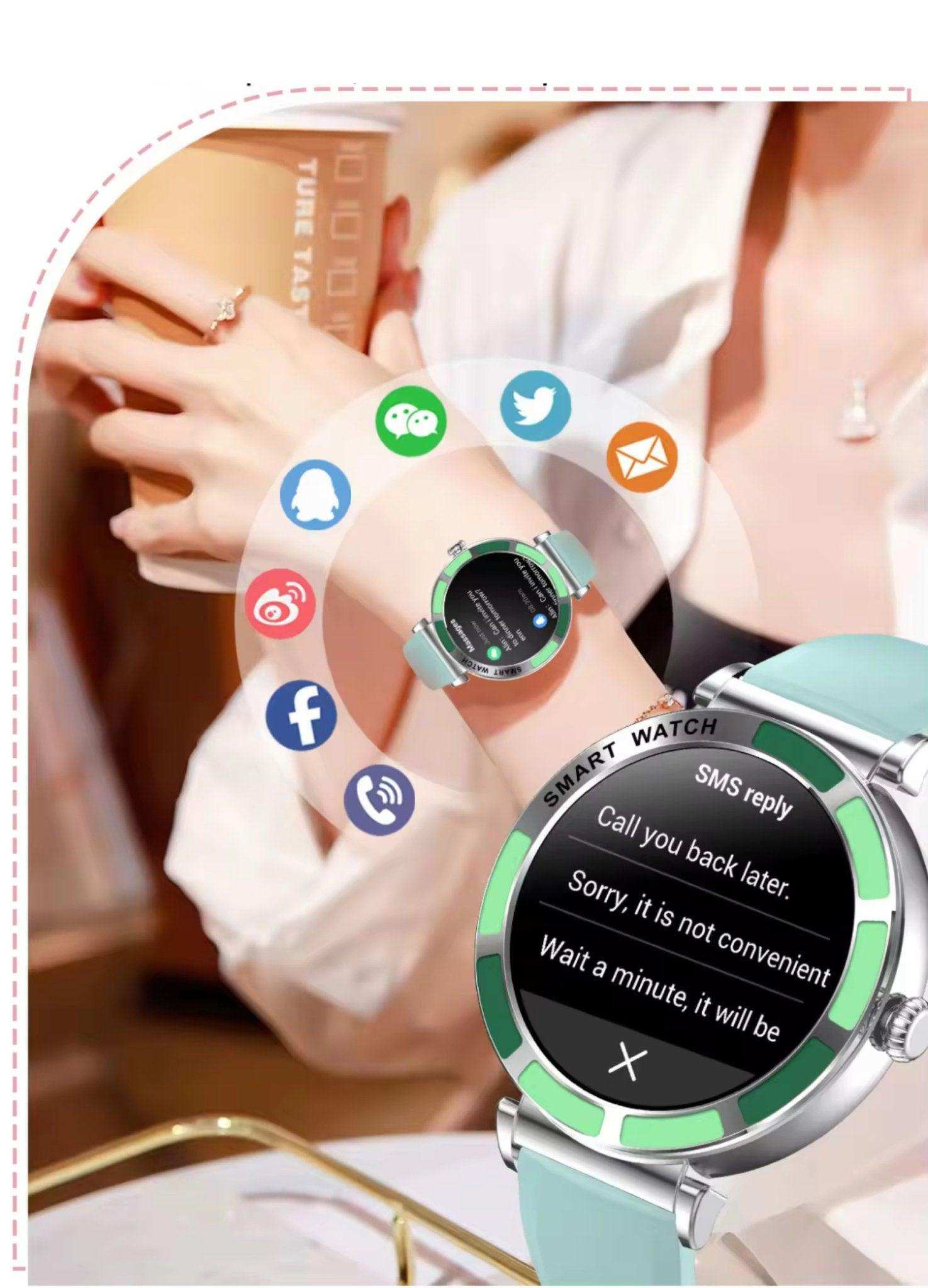 Woman wearing slim smart watch with mint silicone strap, social app icons displayed, TUTT