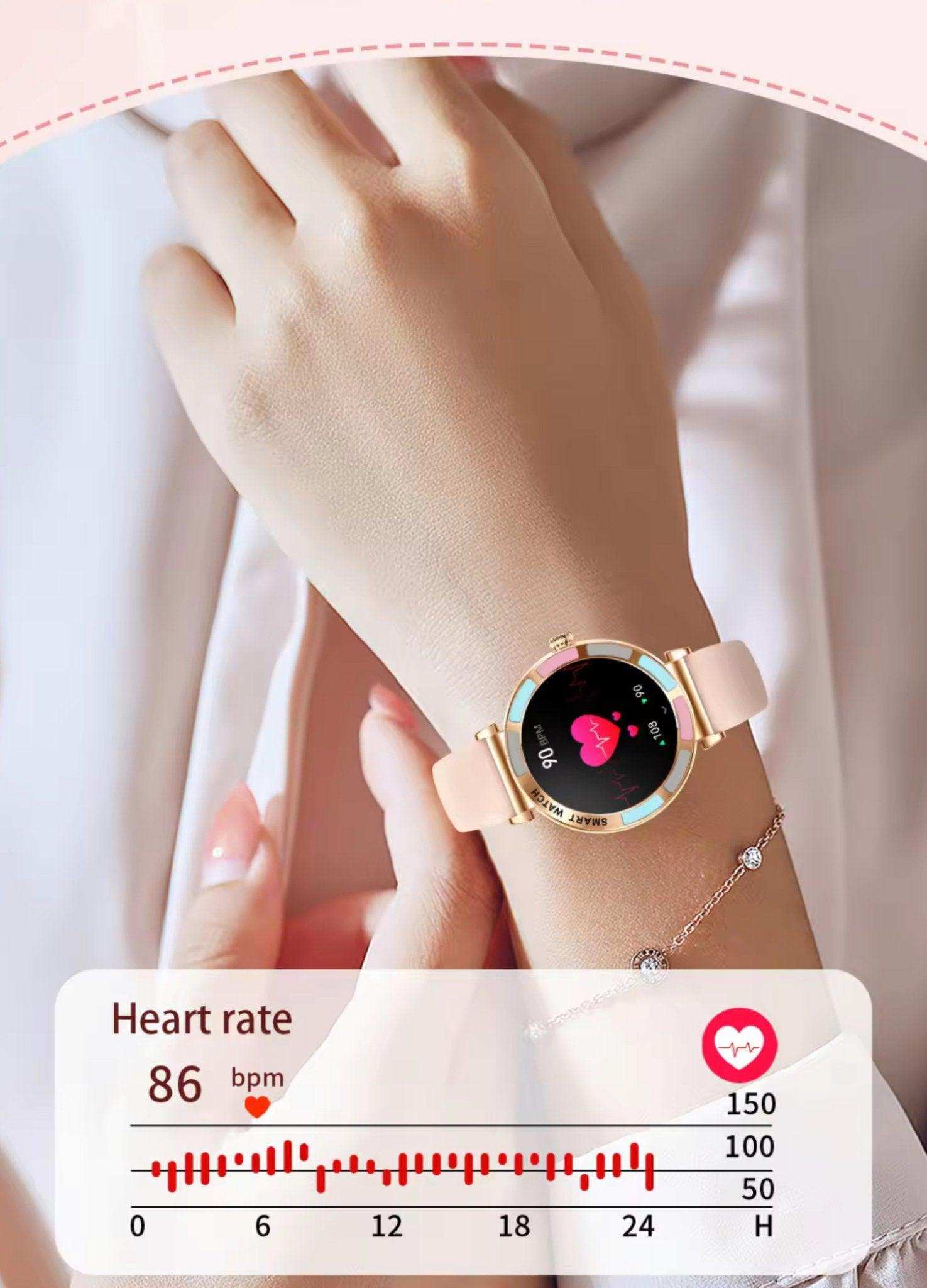 Woman wearing slim pink smart watch showing heart rate on HD display with health tracker, TUTT