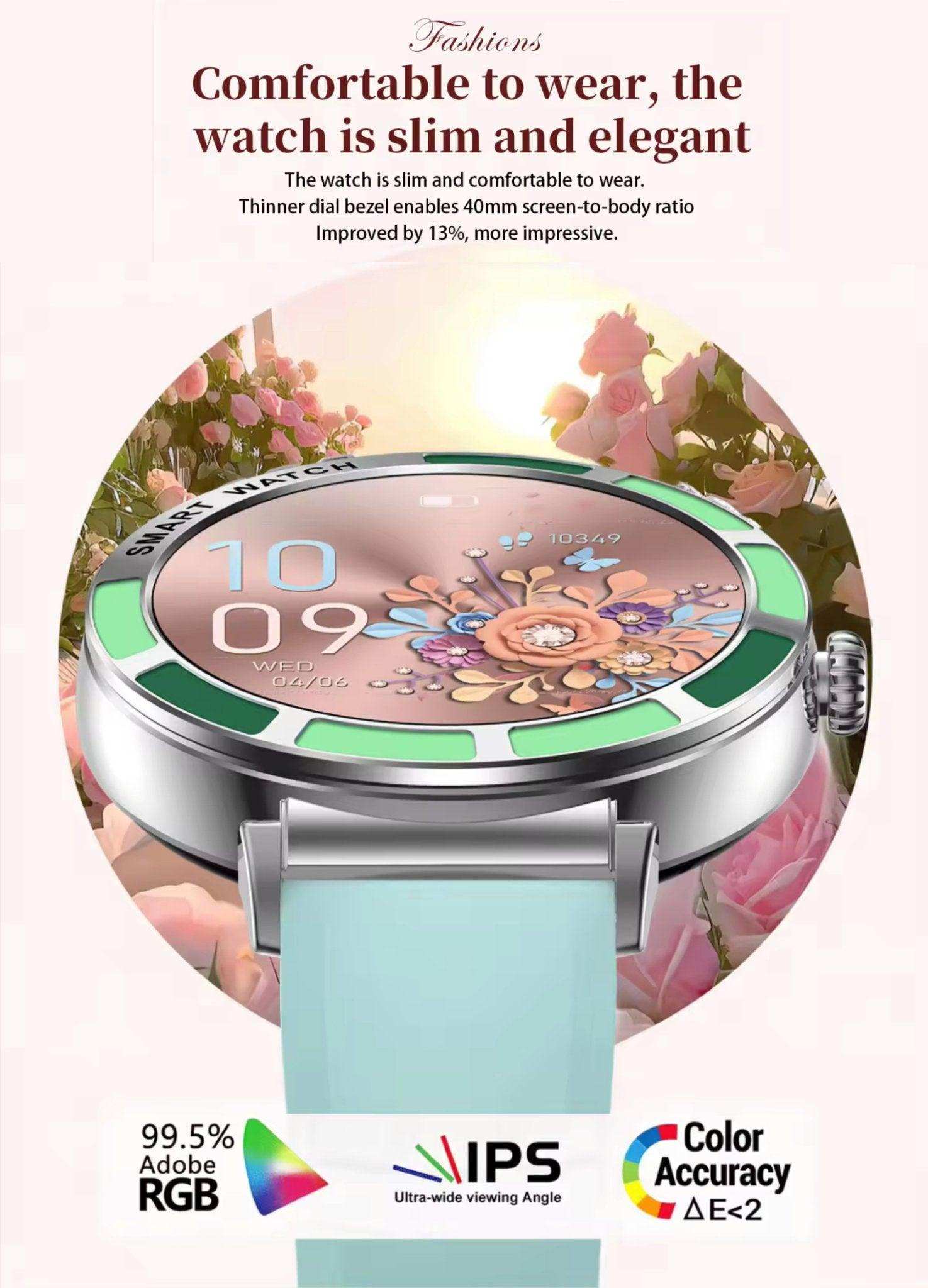 Slim silver women's smart watch with flower dial, mint strap, floral background, TUTT