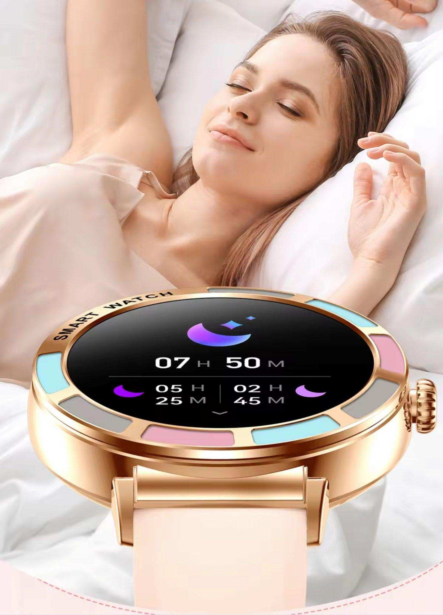 Woman resting in bed with close-up of gold women's smart watch sleep tracker, pastel accents, TUTT