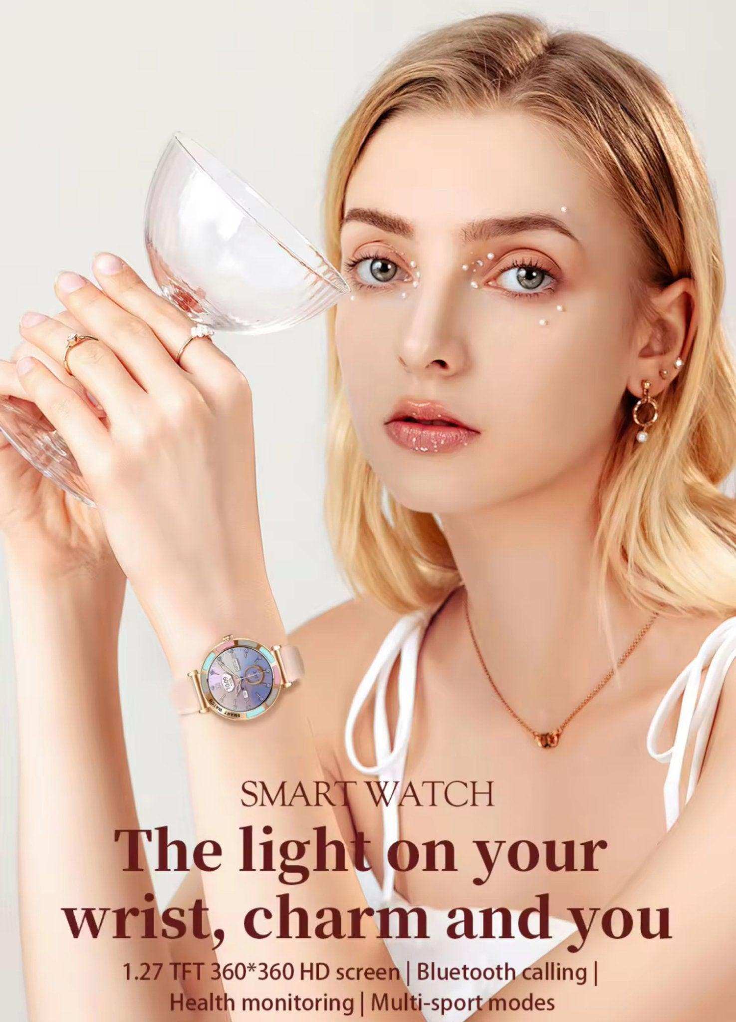 Woman wearing a slim stylish women's smart watch with HD dial, holding a glass, elegant look TUTT