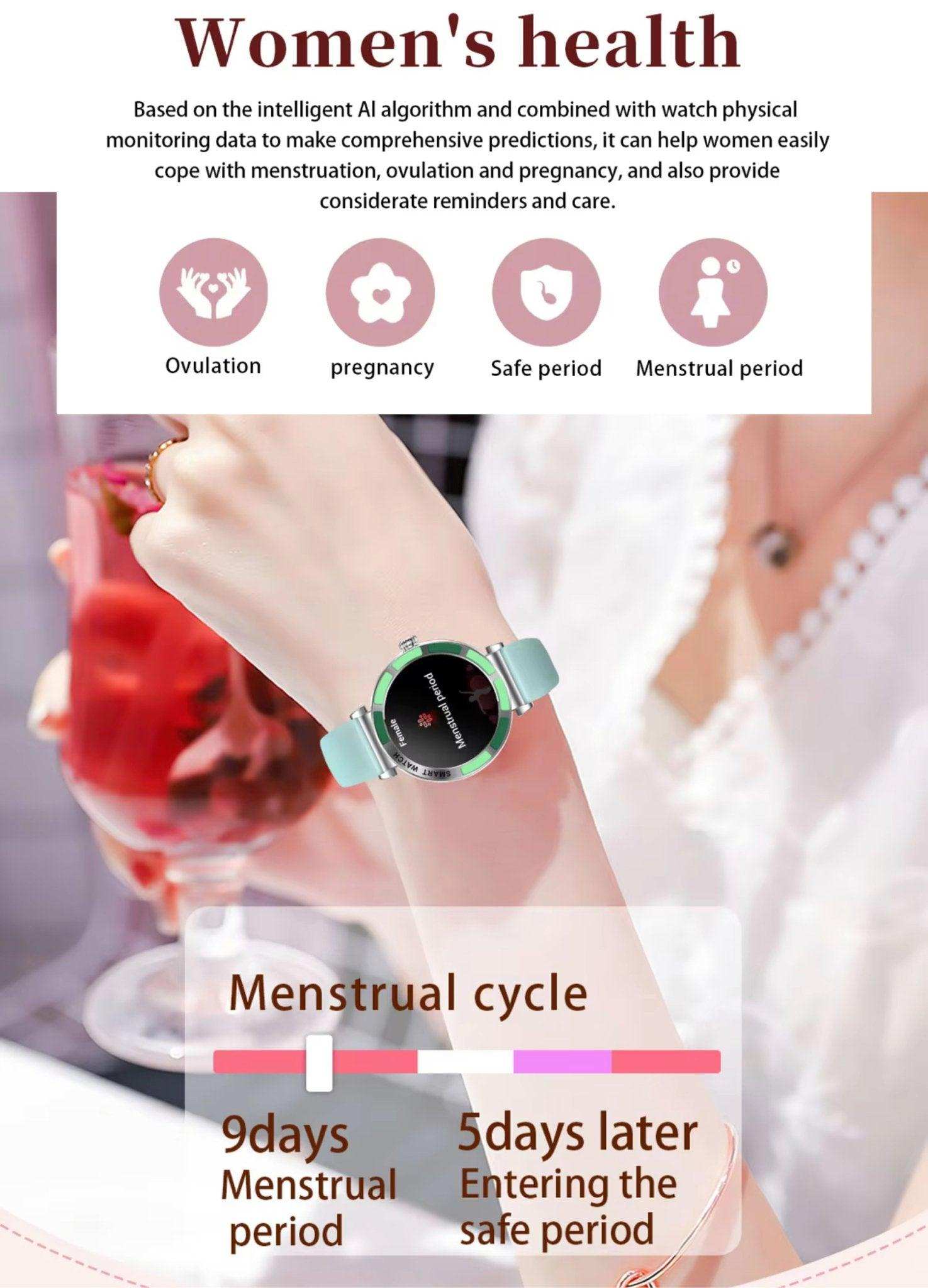 Woman wearing a mint green women’s smart watch tracking menstrual cycle, ovulation, and health, TUTT