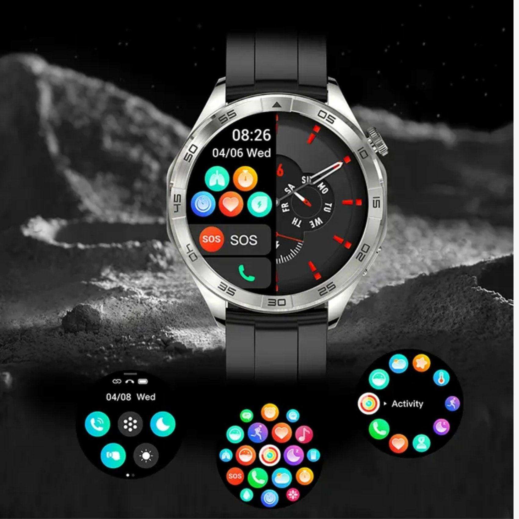TUTT X105 metal case men's smartwatch with large HD screen, black strap, and colorful app icons, shown against a rugged background. TUTT