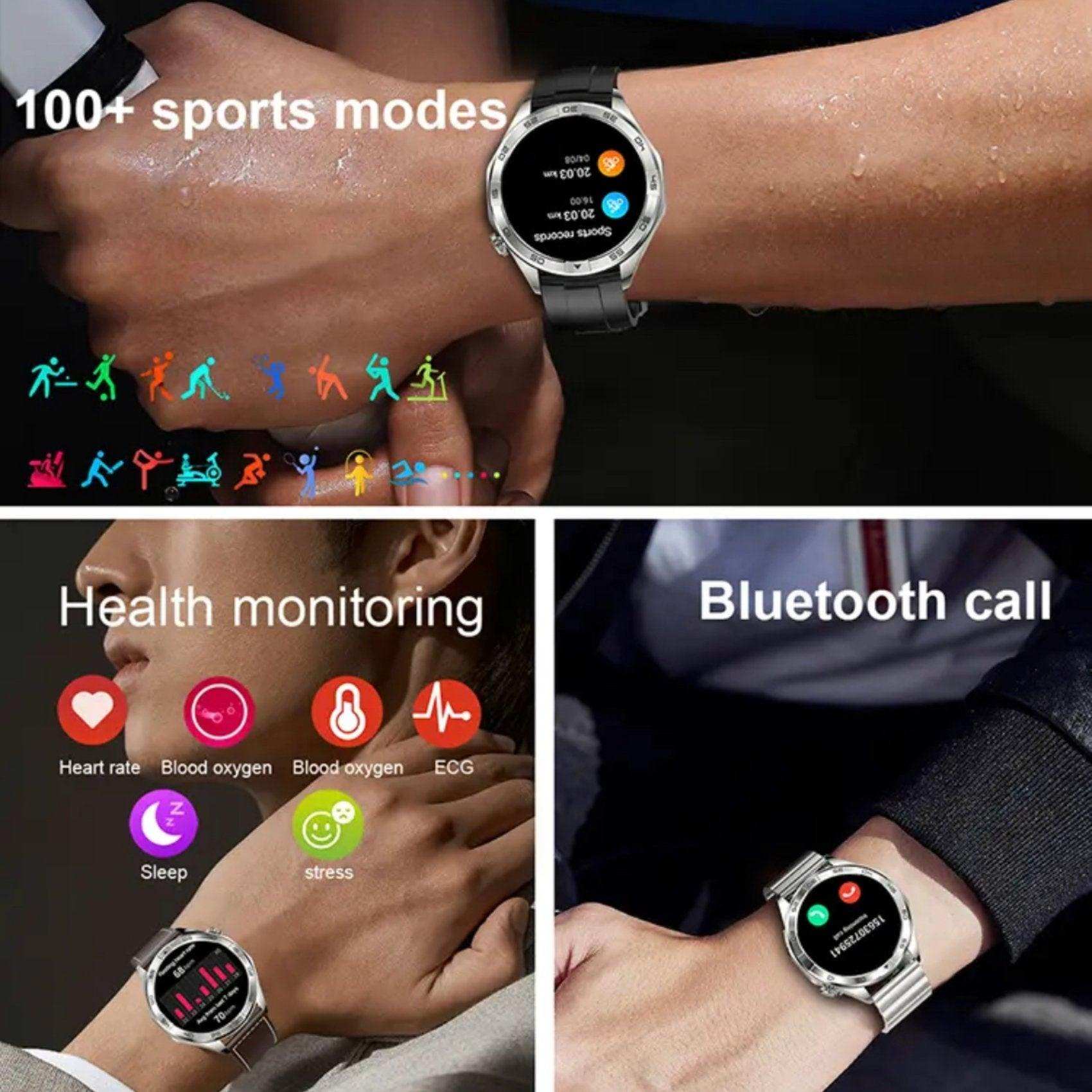 Men's metal case smart watch with large HD screen, showing sports modes, health monitoring, Bluetooth call features, TUTT