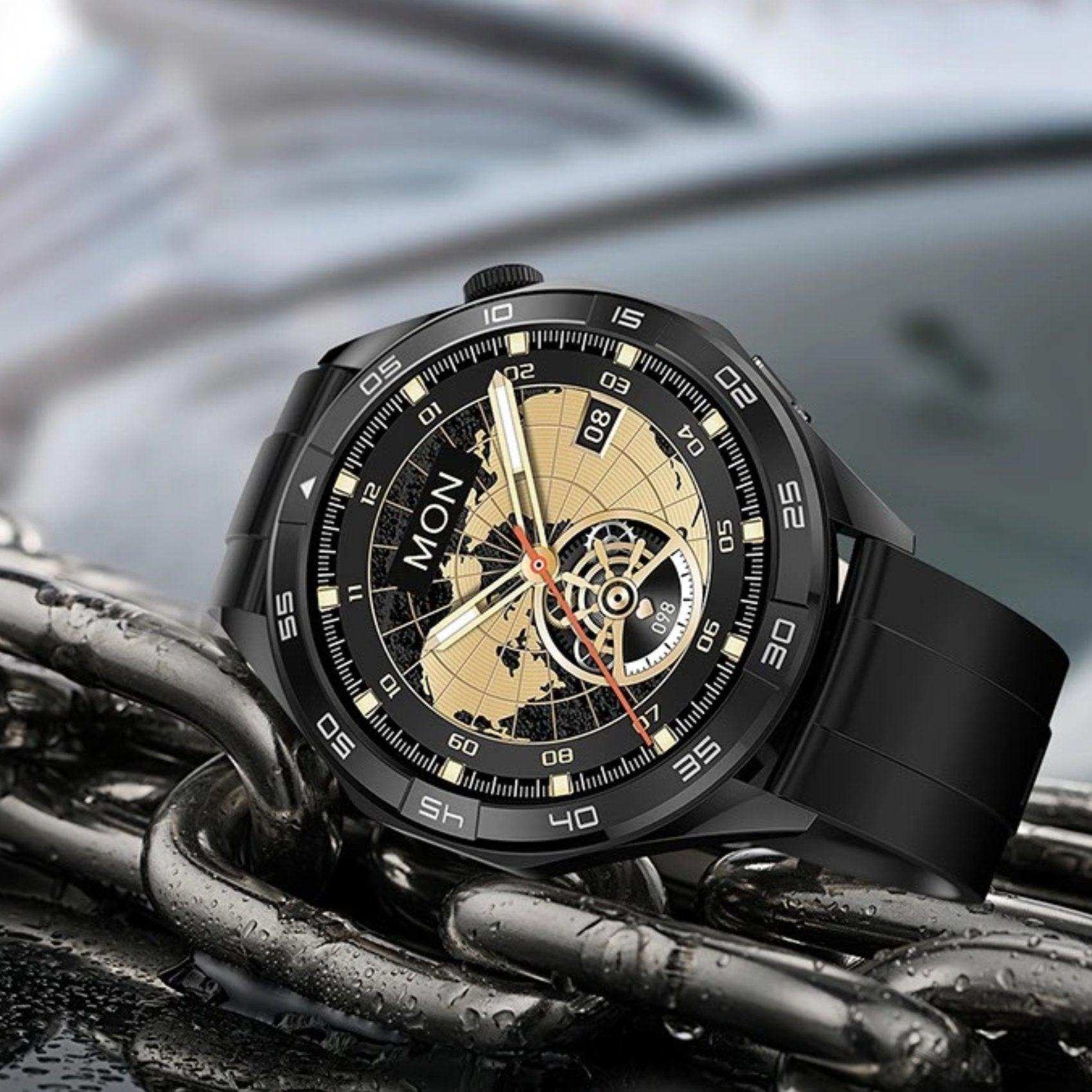 Black TUTT X105 men's metal smartwatch with large HD screen on wet metal chain, tactical style TUTT