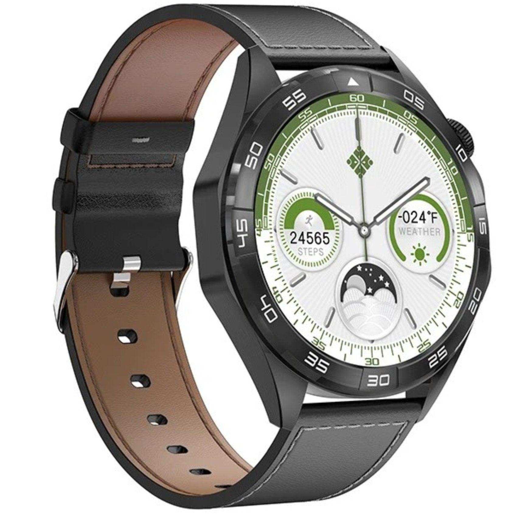 Men's metal case smart watch with large round HD screen, black leather strap, fitness and weather display, TUTT