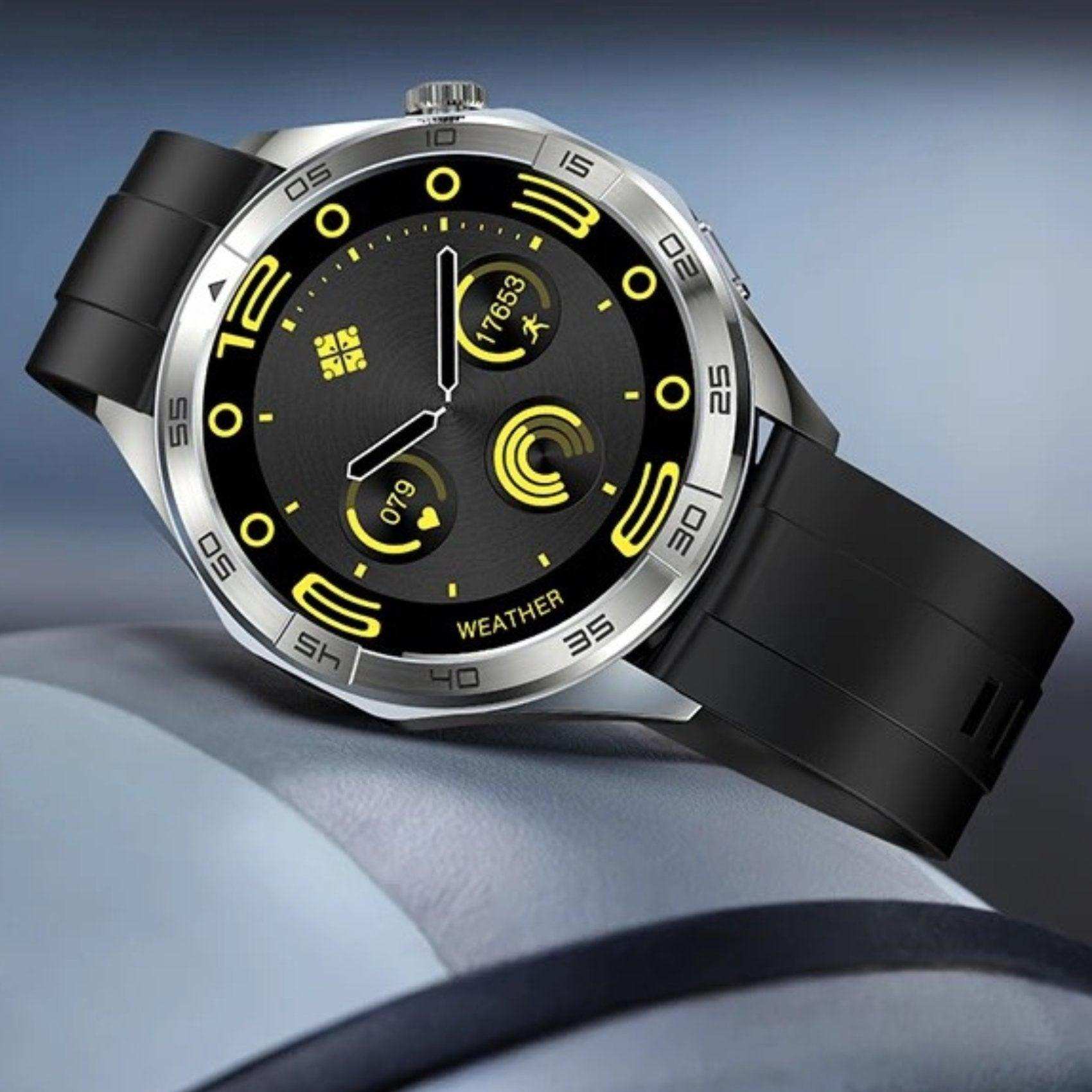 TUTT X105 metal case men's smartwatch with large HD screen, black strap, digital display, weather and fitness tracking features. TUTT